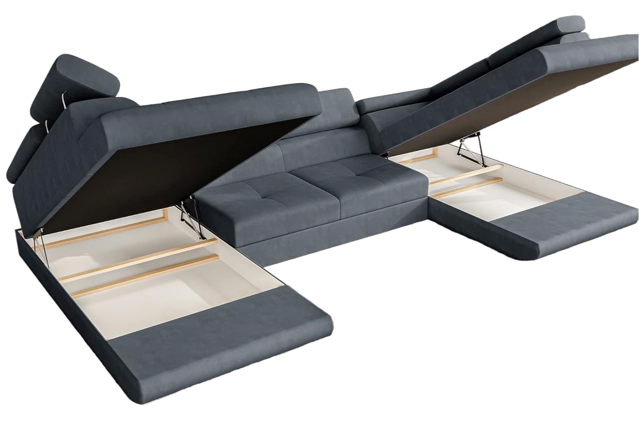 Möbel Punkt Wohnlandschaft U–Form Ecksofa Monaco Webstoff Grau mit Bett Bettkasten Kopfteilverstellung Bigsofa