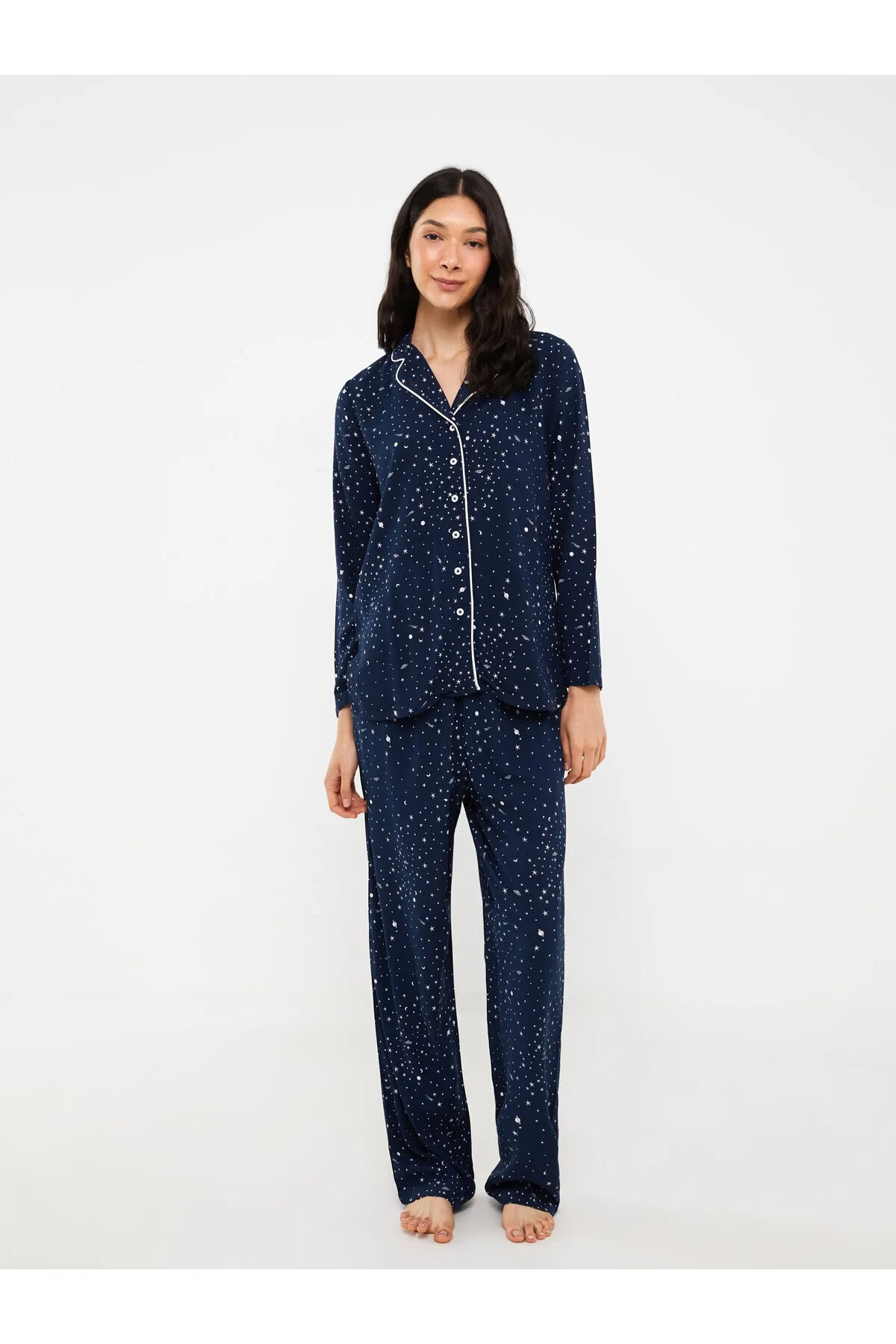 LC Waikiki  Gemustertes, langärmliges Damen-Pyjama-Set mit Hemdkragen