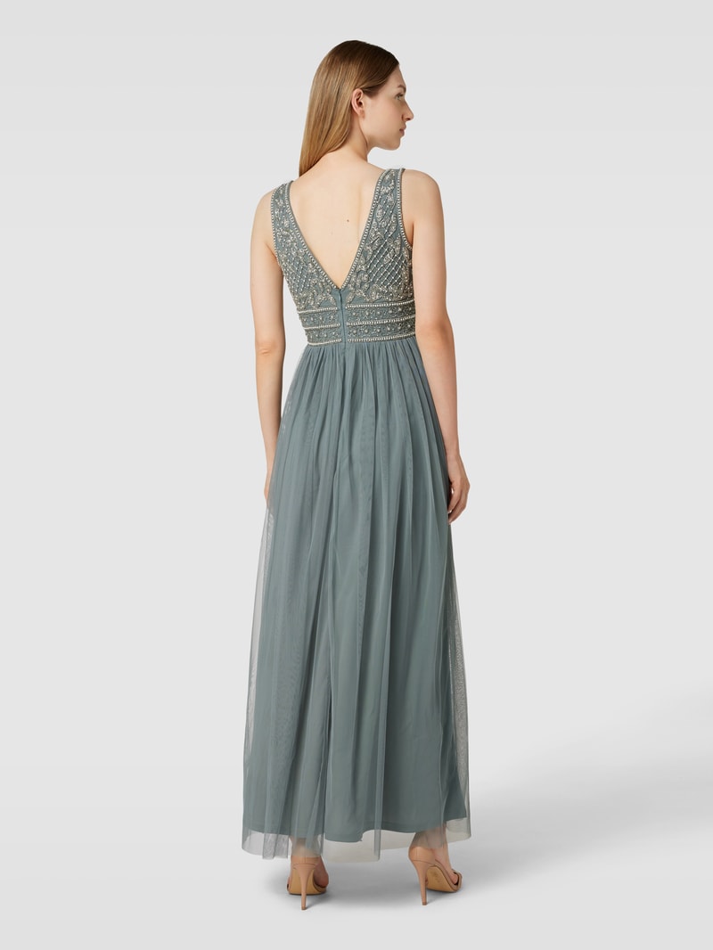 Abendkleid mit Perlen- und Ziersteinbesatz in dunkelgrau