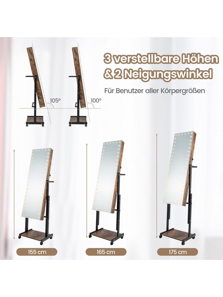COSTWAY Schmuckschrank LED mit Rollen 4 in 1 in Braun günstig kaufen onesize