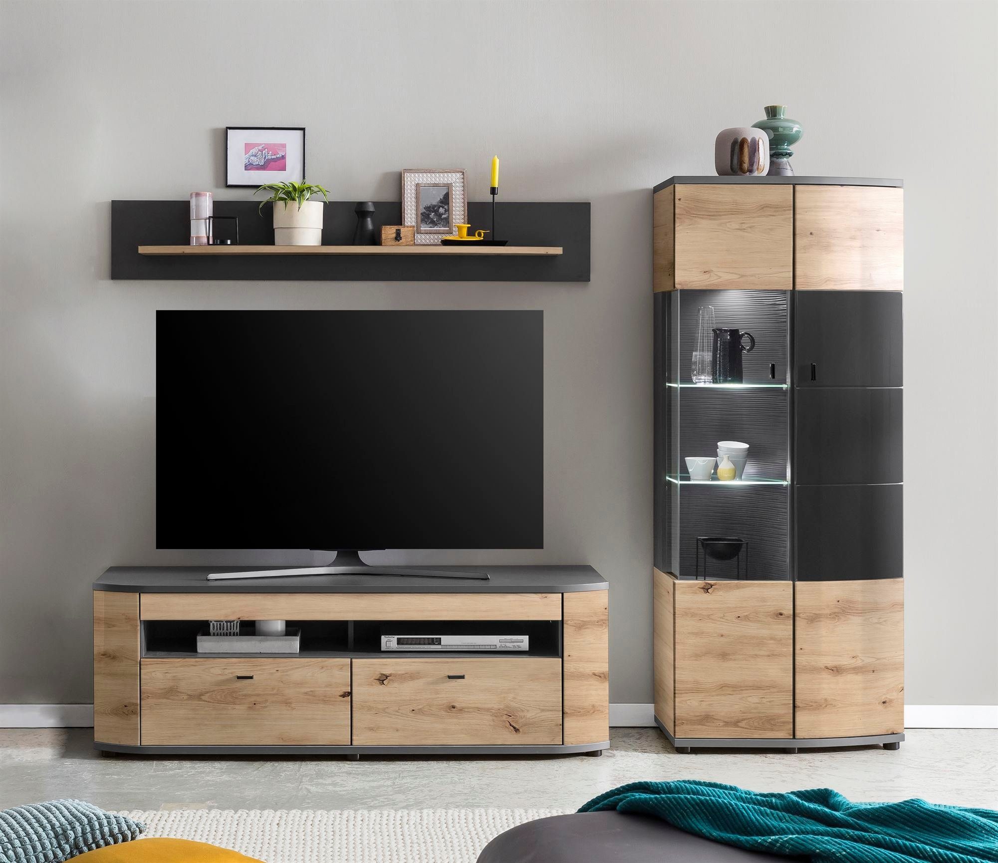 58 aufm Kessel Wohnwand Wohnkombination Jacinthe 235x171x46 Eiche/Anthrazit/Anthrazit HG 10181, (Komplettset, 3-St), Türen mit Selbsteinzug und Dämpfung