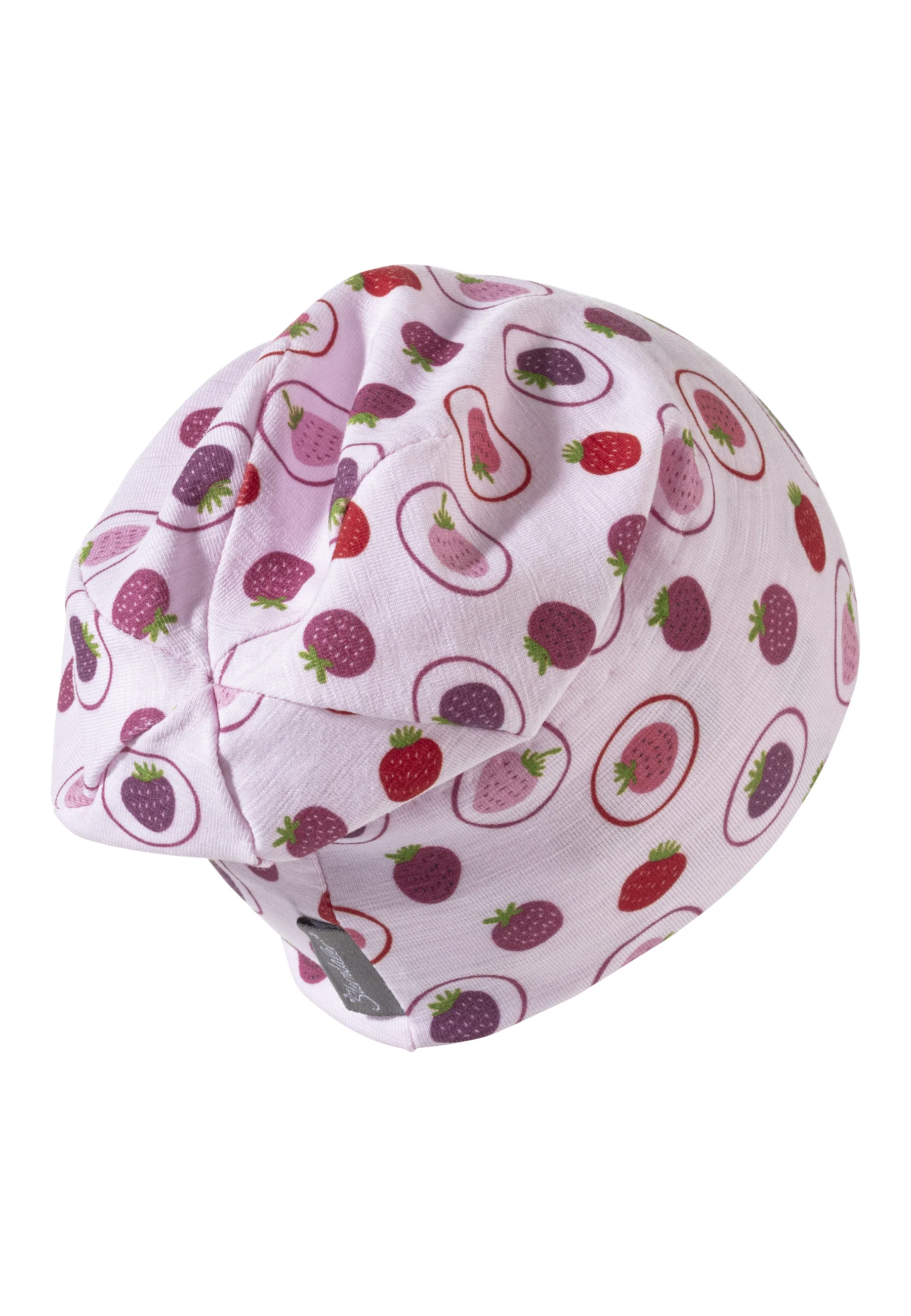 Beanie bedruckt mit vielen kleinen Erdbeeren in rosa