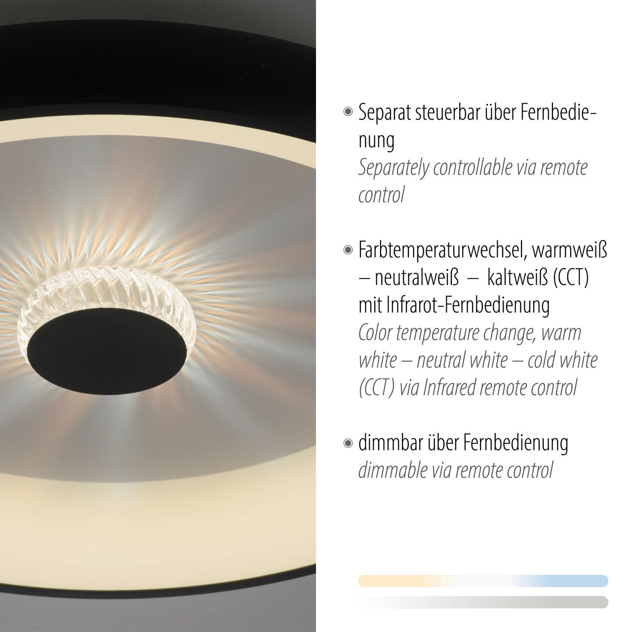JUST LIGHT LED Deckenleuchte VERTIGO, CCT, dimmbar, Fernbedienung, Ø61,5 cm, Kristall-Effekt