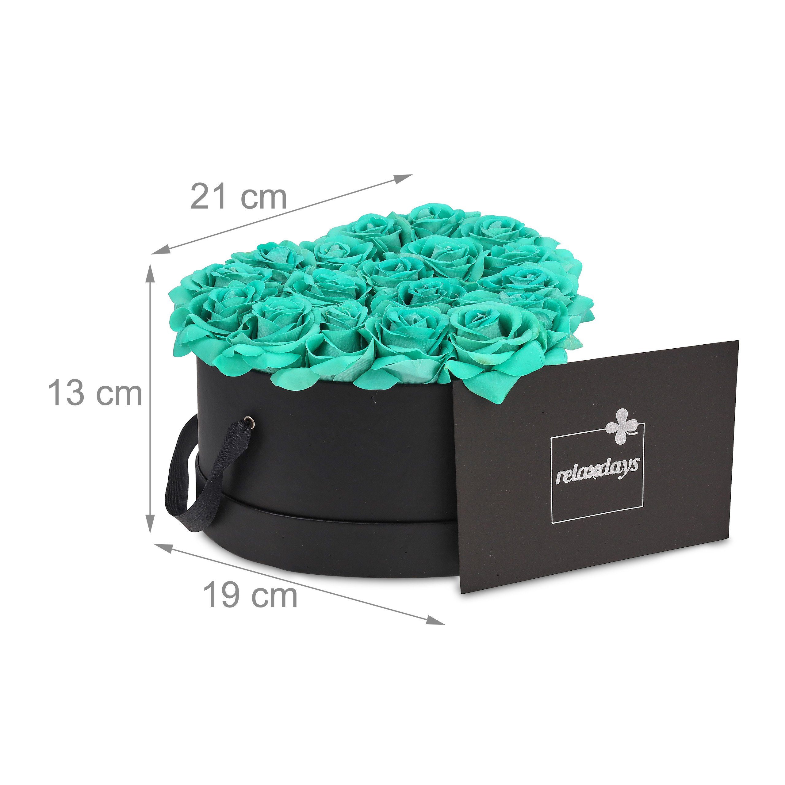 Gestecke Schwarze Rosenbox Herz 18 Rosen, relaxdays, Höhe 13 cm, Türkis