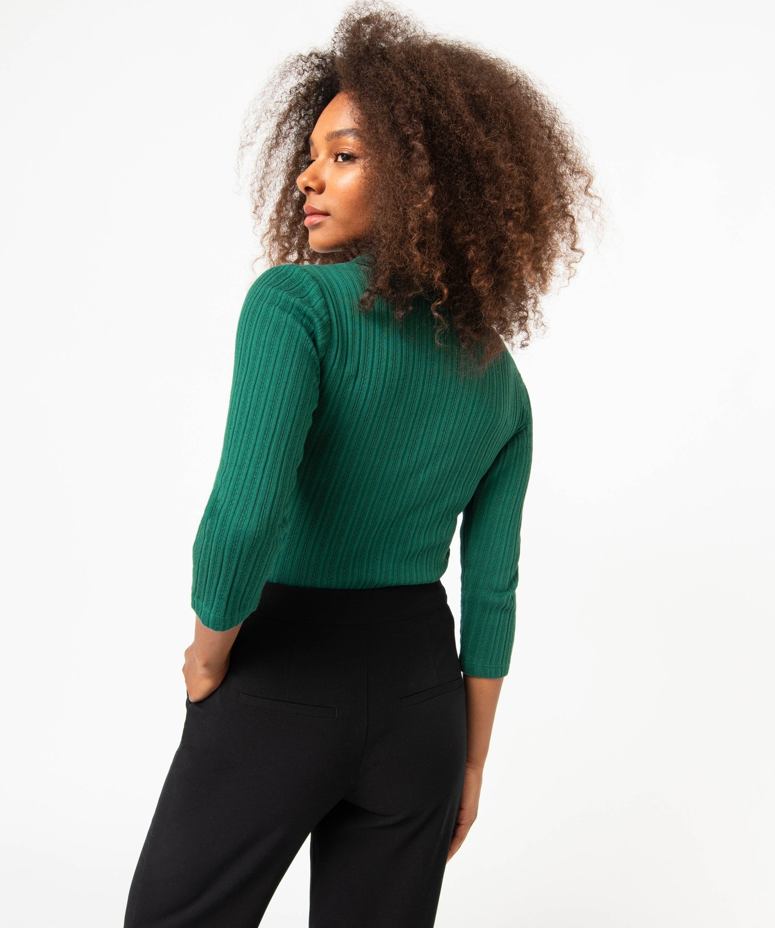 Tee-shirt à manches longues avec col polo femme vert | GEMO