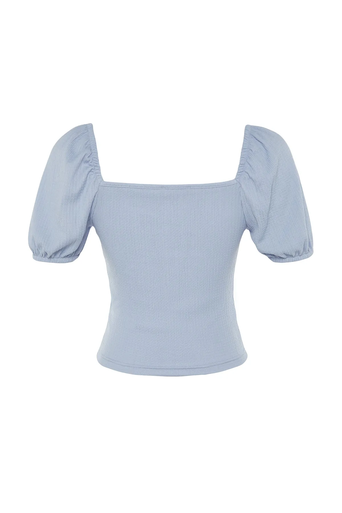 Trendyol Collection  Hellblaue, bauchfreie, eng anliegende Pullover-Strickbluse mit quadratischem Ausschnitt und Ballonärmeln TWOSS22BZ00126