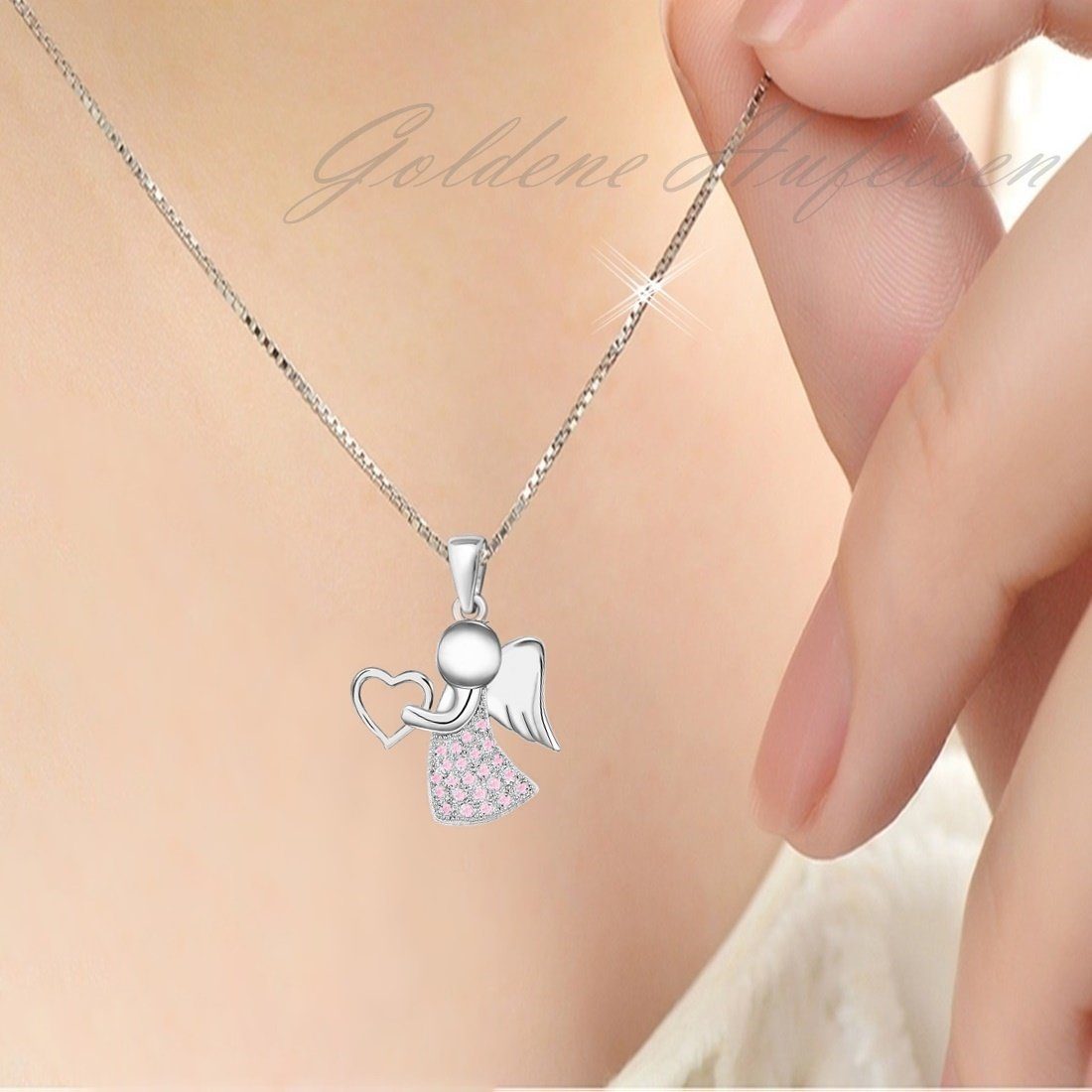 Goldene Hufeisen Engelanhänger Schutzengel Herz Zirkonia Anhänger mit Kette 925 Silber (Halskette Set, inkl. Geschenkbox), Kinderschmuck Engel Kette