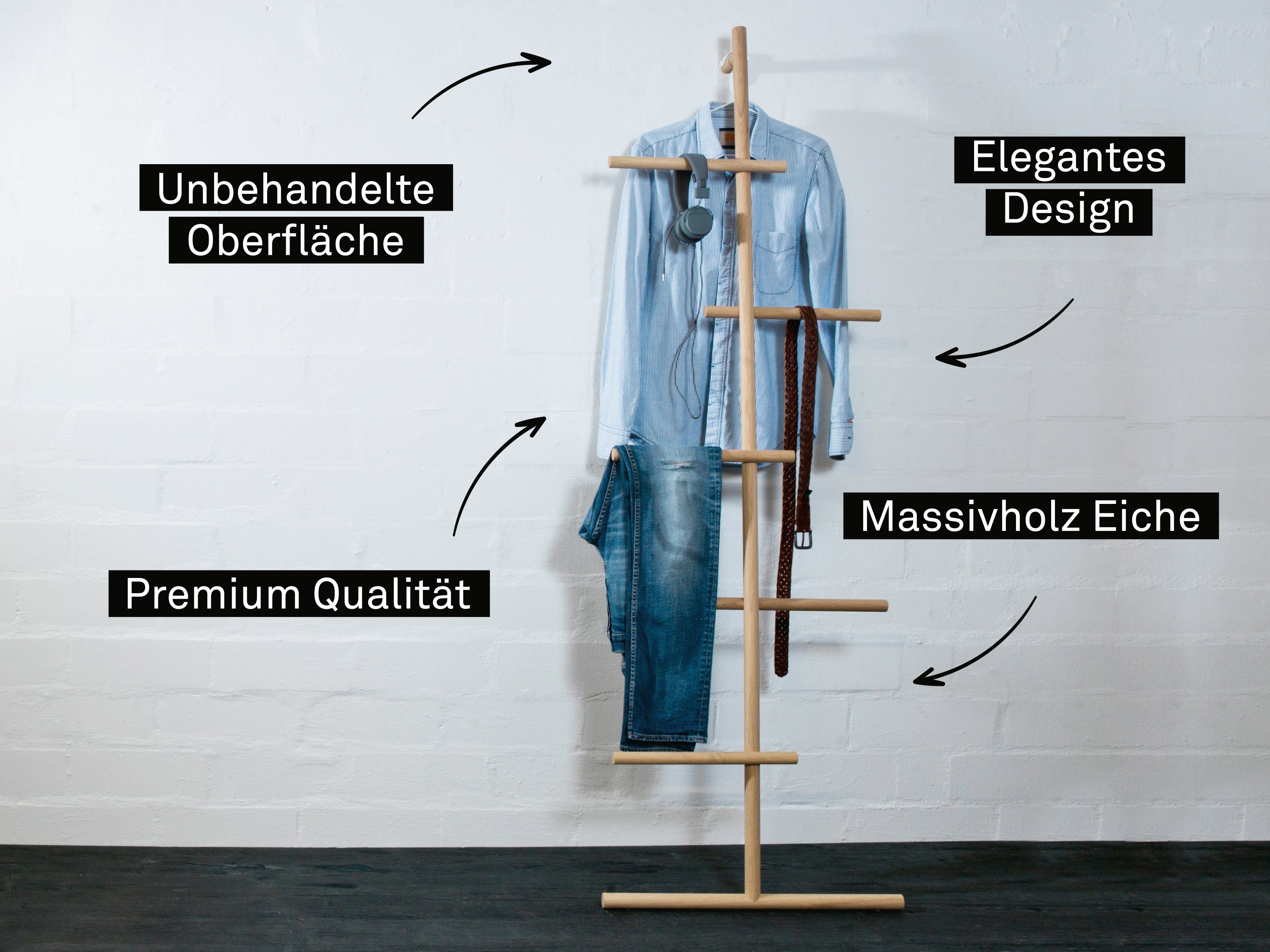 kommod Leiterregal WENDRA, Kleiderleiter, Kleiderständer – 180 x 60 x 12 cm – Eiche massiv natur
