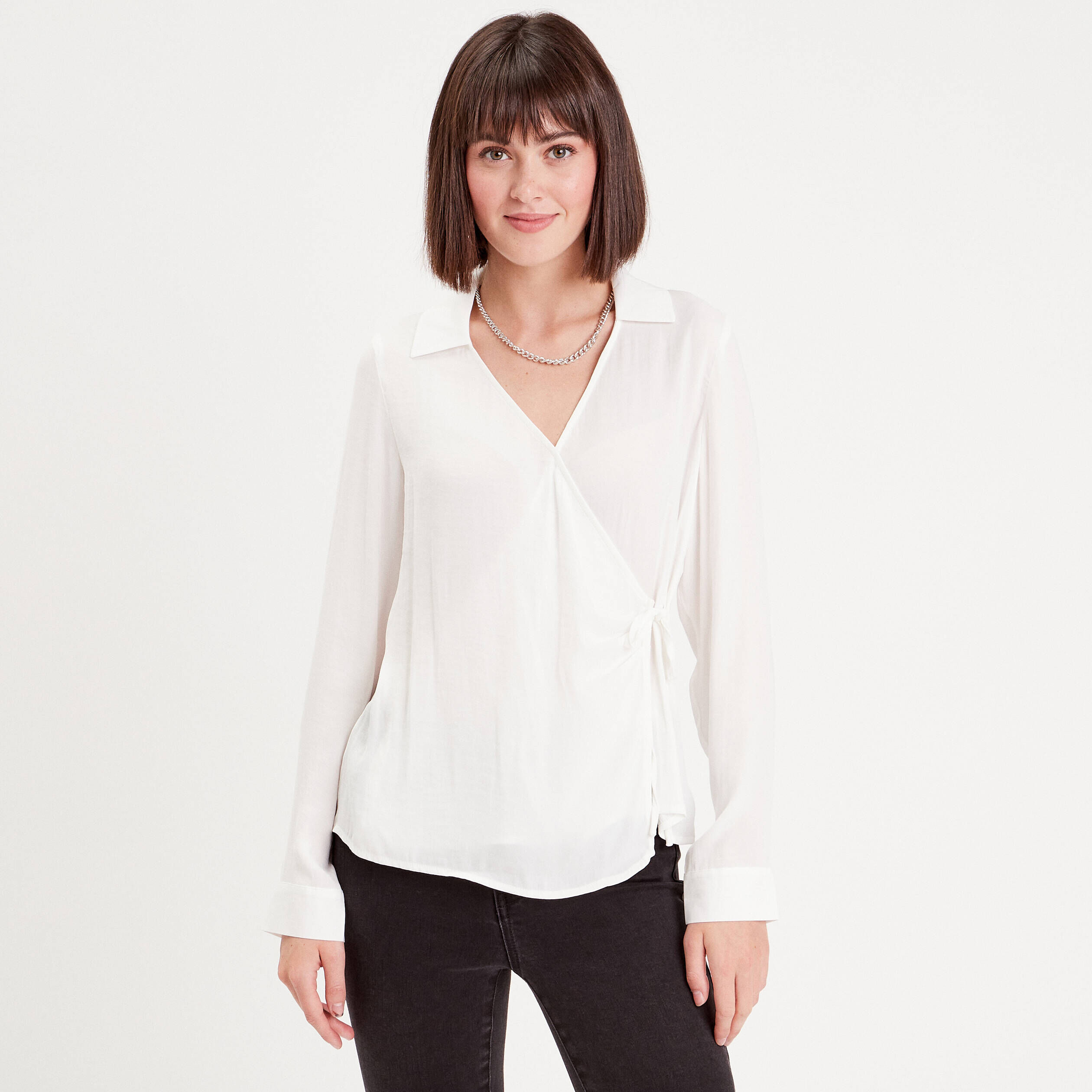 Blouse satin col cache-coeur ecru femme | Cache Cache