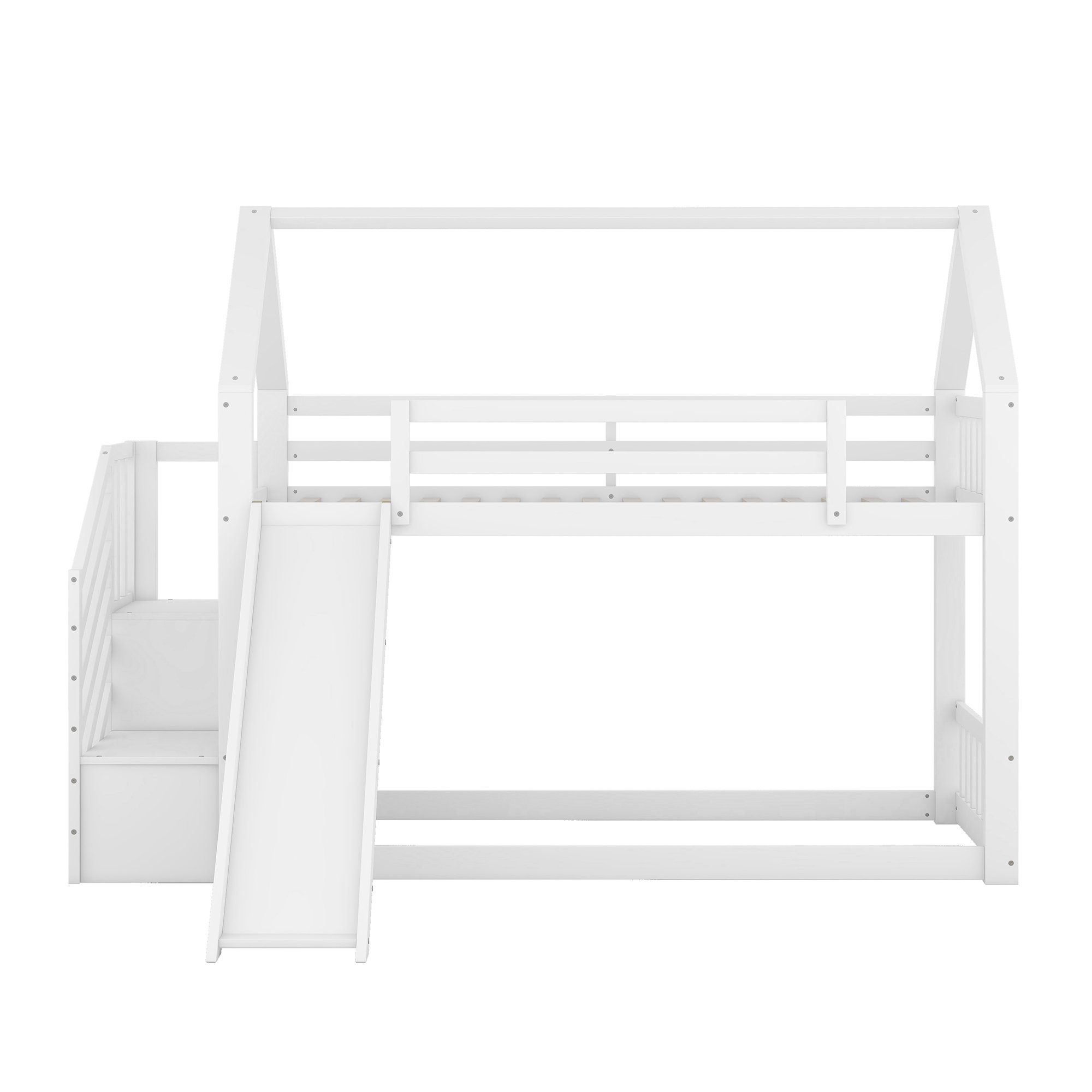 OKWISH Bett Etagenbett, Kinderbett, Hausbett 90x200cm (mit Stauraumtreppe und Rutsche, mit Geländer), geeignet für Kinder, Jugendliche, Ohne Matratze