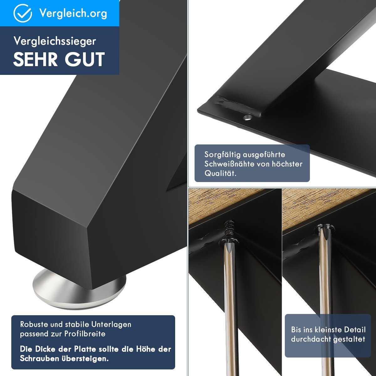 oyajia Tischbein Tischkufen X-Form aus Vierkantprofilen 50x30 mm, Tischgestell Schwarz, 2 Stück mit Schrauben & Bodenschoner, für Esstisch Couchtisch Sitzbank