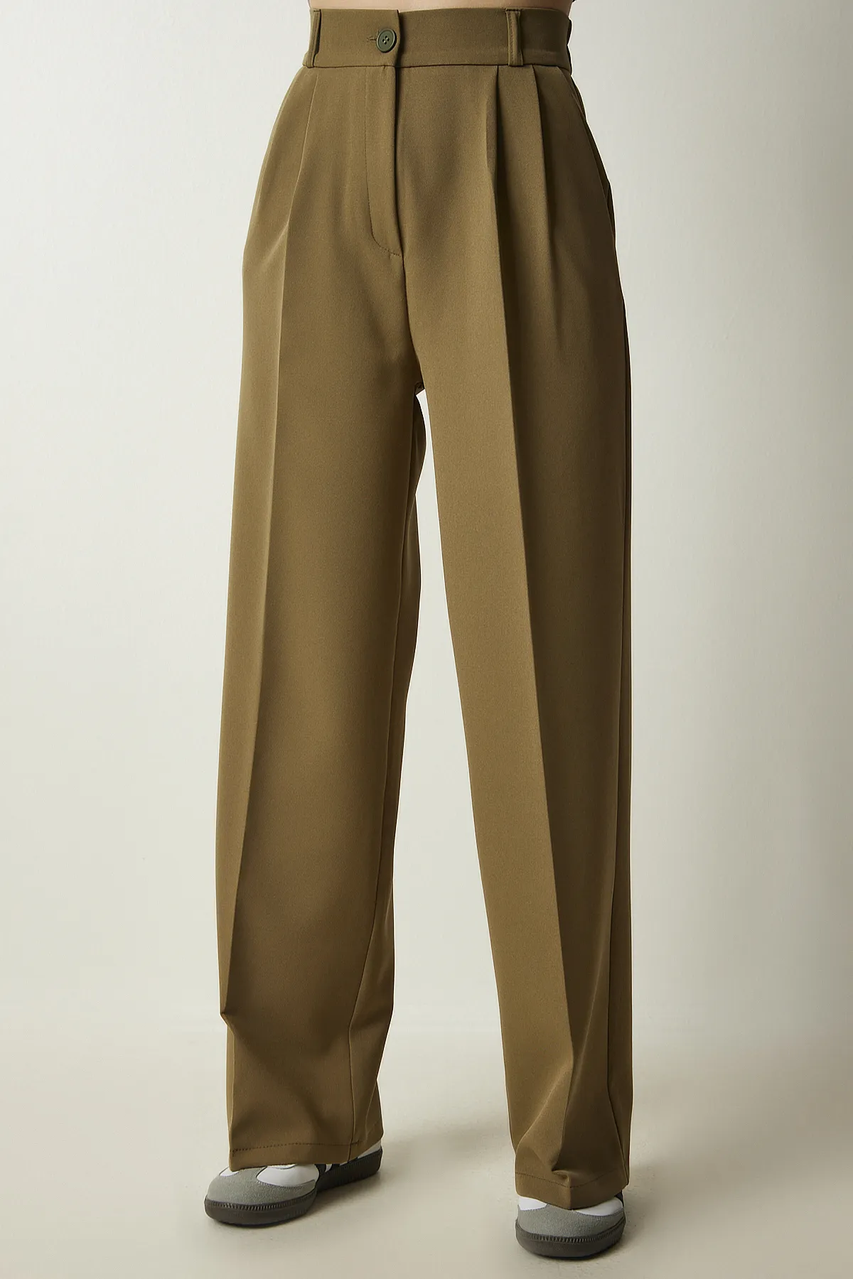 Happiness İstanbul  Khakifarbene Palazzo-Hose mit Taschen für Damen DW00001