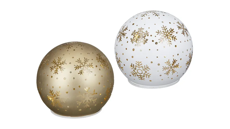 GILDE Glas LED-Kugel Snowflake ⌀10cm goldfarben, weiß
