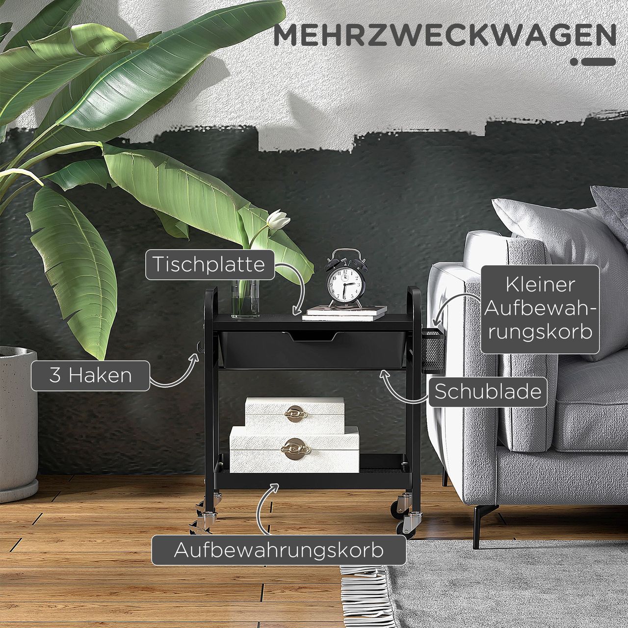HOMCOM Rollwagen, Servierwagen mit 1 Schublade, 1 Ablage, Küchenwagen mit Haken