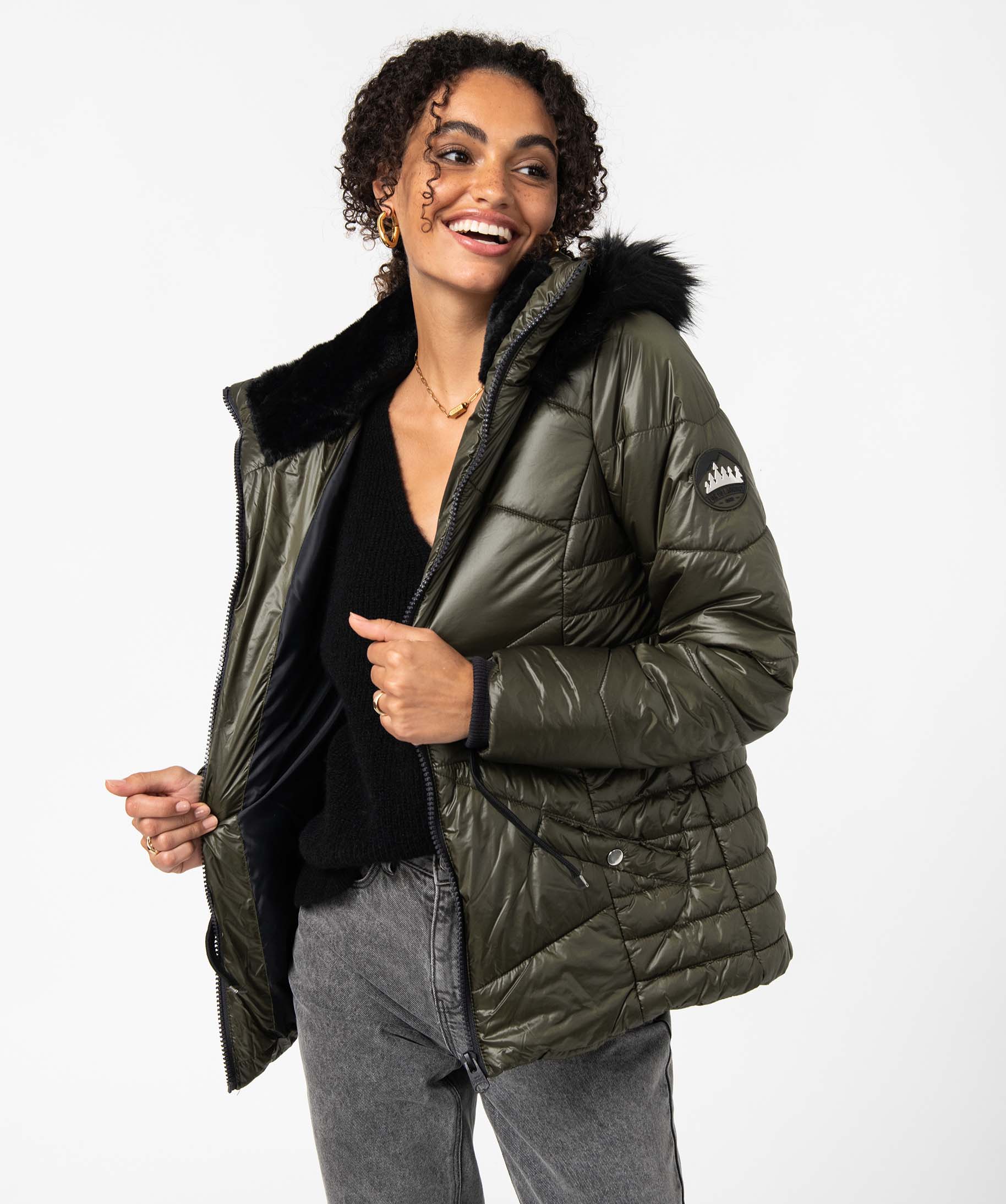 Blouson femme matelassé avec capuche doublée peluche kaki | GEMO