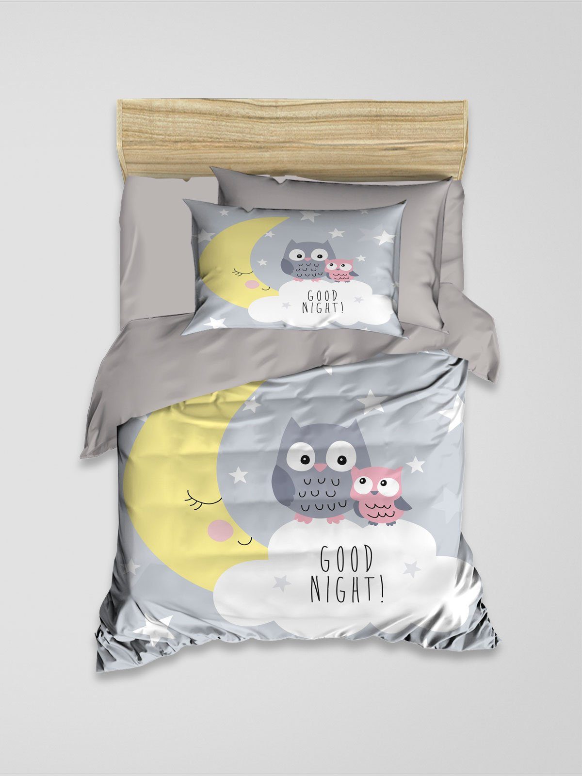 Babybettwäsche Renforcé Bettbezug-Kopfkissenbezug-Set für Baby Eule auf dem Mond, Best Class, 100% Baumwolle, 2 teilig, 100% Renforcé Baumwolle Bettwäsche-Set mit 3D Muster