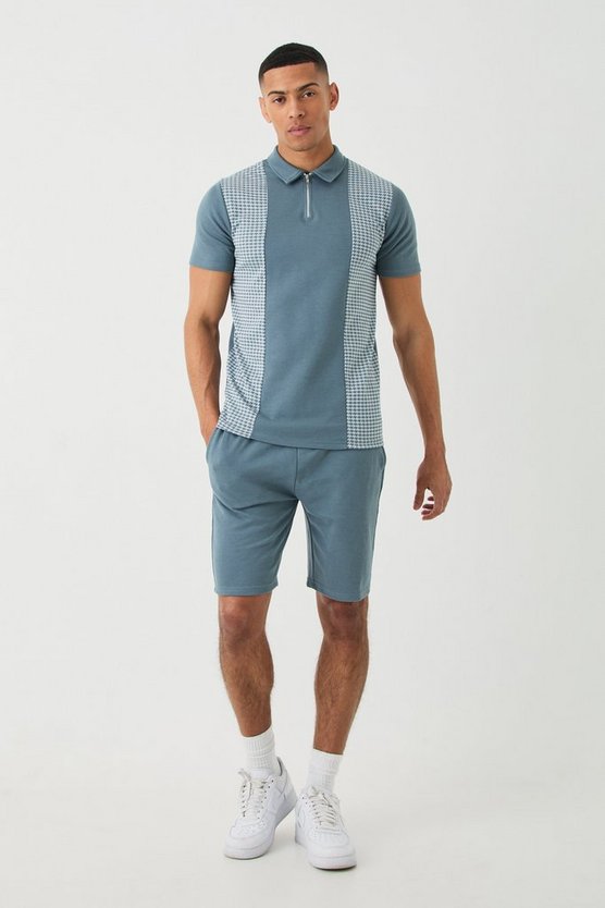 Poloshirt mit Hahnentritt Jacquard-Einsatz & Shorts
