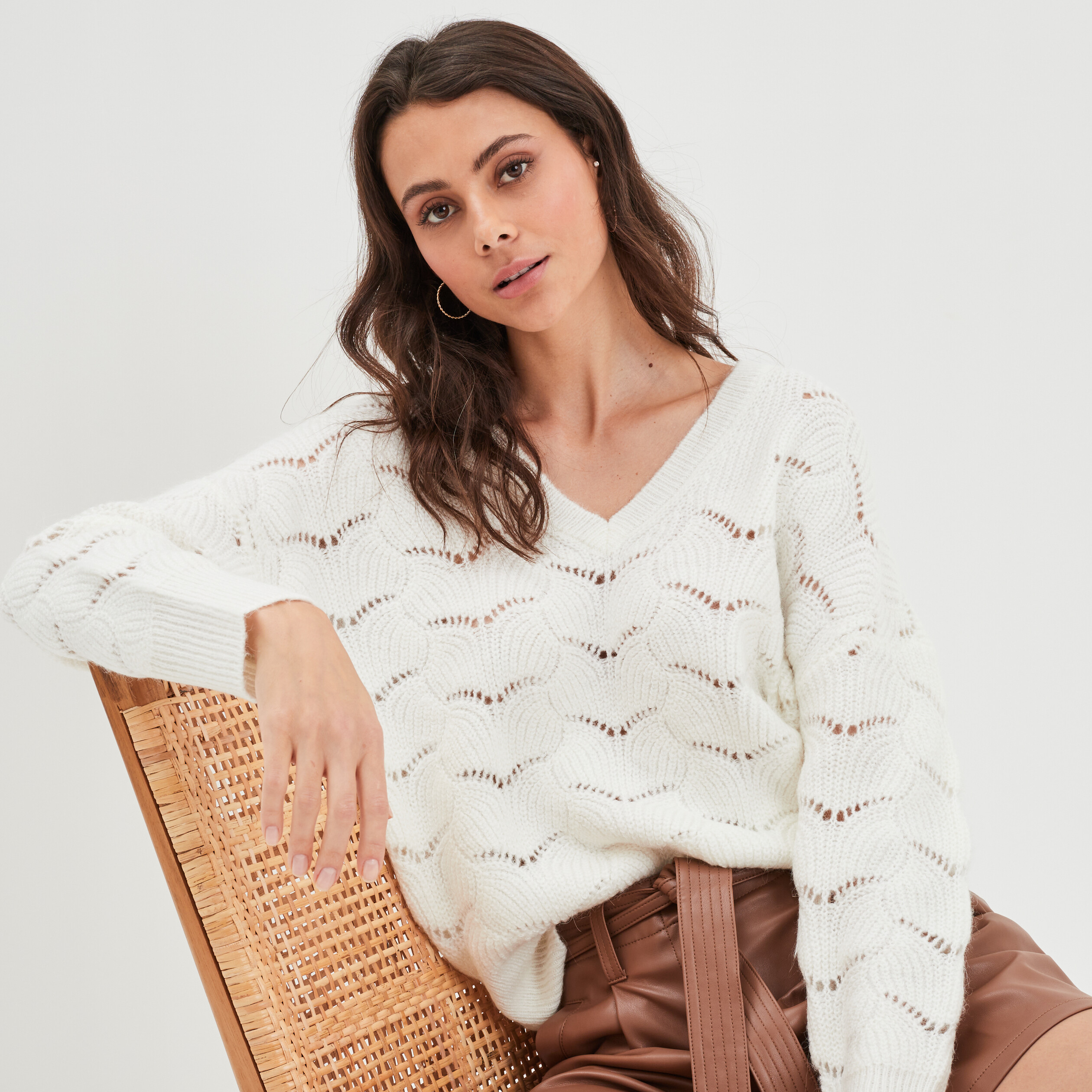Pull ajouré devant col en V sable femme | La Halle