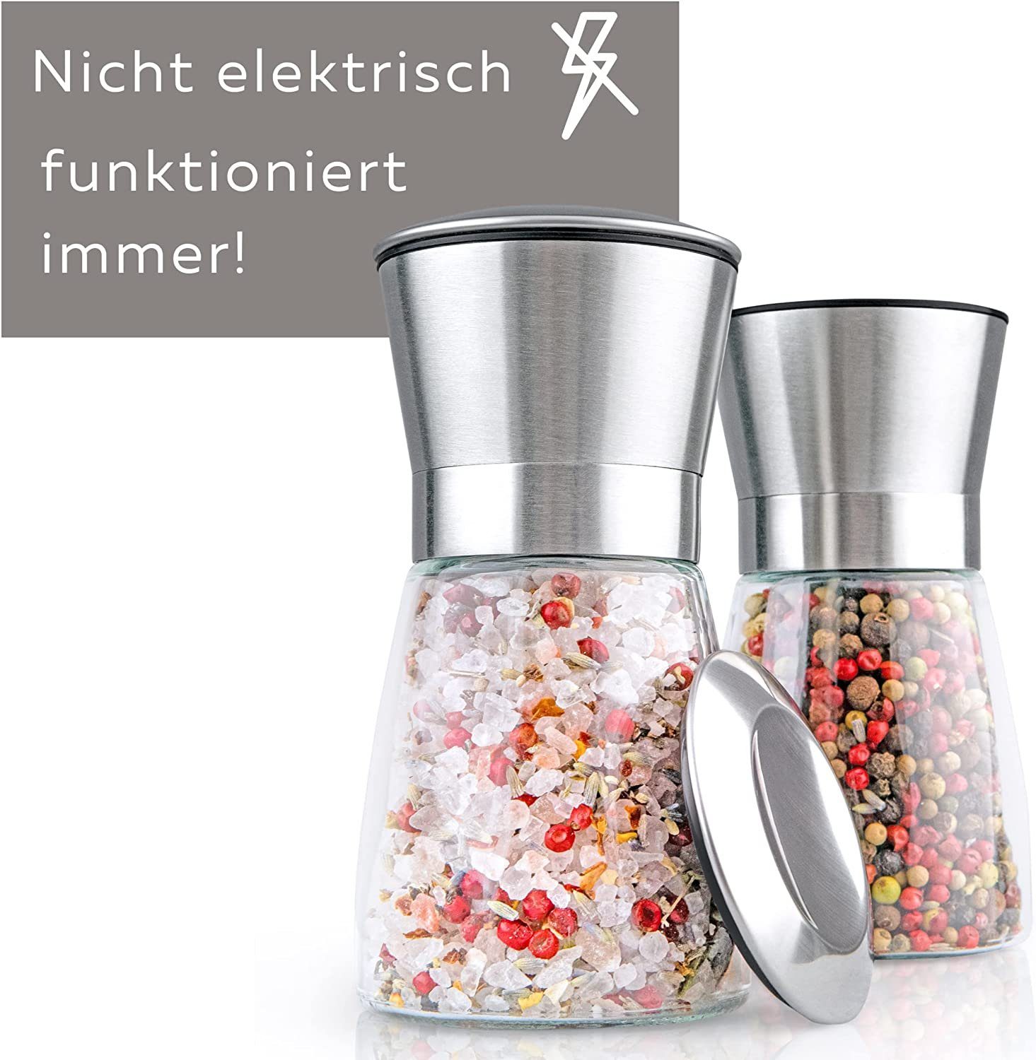 Hannah's Homebrand Salz-/Pfeffermühle mit individueller Einstellung grob bis fein (2er-Set) manuell, (2 Stück), Robuste Salzmühle und Pfeffermühle mit extrem harten Keramik-Mahlwerk