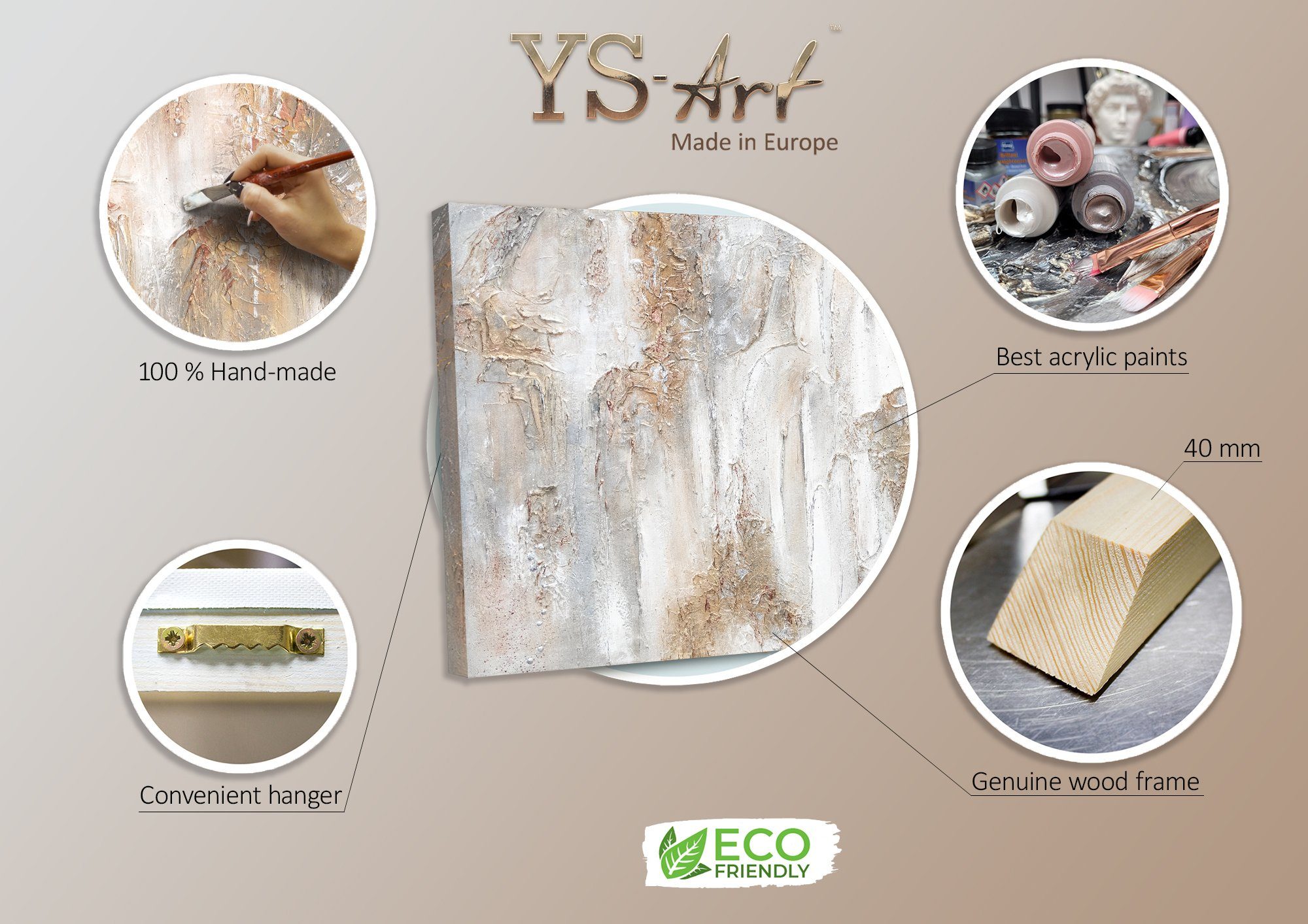 YS-Art Gemälde Philosophie, Abstrakte Bilder, Weiß Beige Gold Abstraktes Leinwand Bild Handgemalt 3D