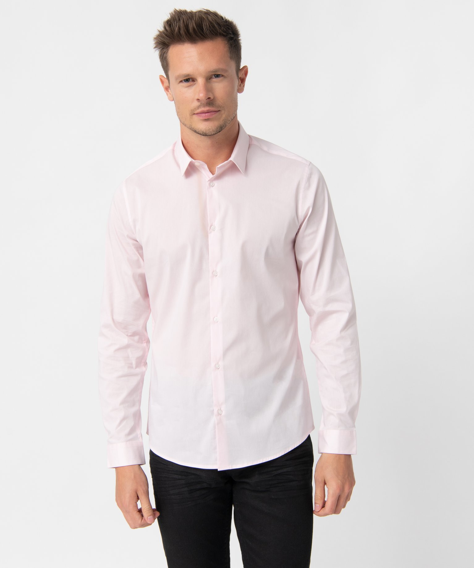 Chemise homme unie coupe slim en coton stretch rose | GEMO
