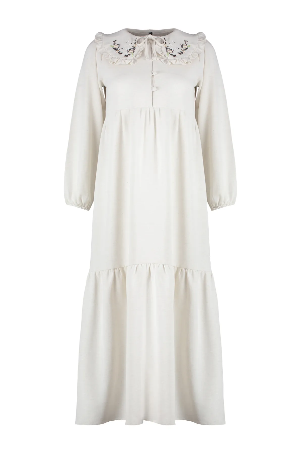 Trendyol Modest  Ecrufarbenes, gewebtes Kleid mit halber Knopfleiste und besticktem Kragen in Leinenoptik TCTSS23EB00257