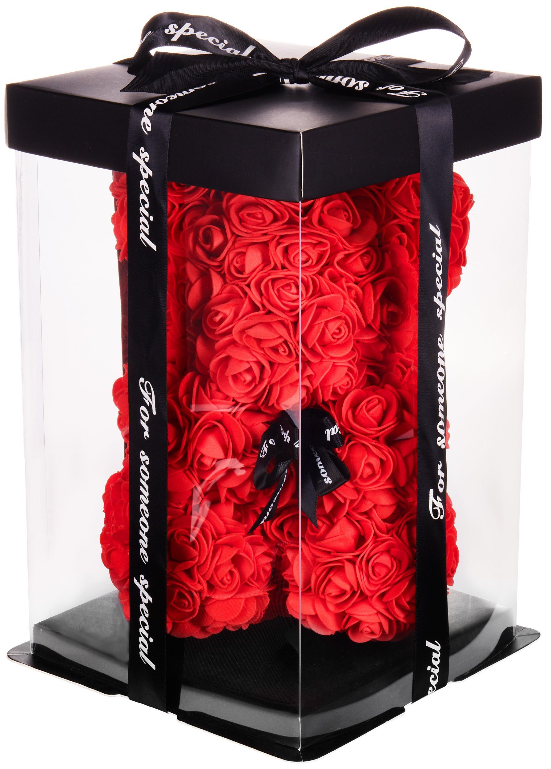 Kunstblume Rosenbär in Geschenkbox mit Schleife - Valentinstagsgeschenk Kunstblumenfigur, BRUBAKER, Höhe 25 cm, Rosen Bär, Blumen Teddy Geschenk Valentinstag, Rosen Teddybär