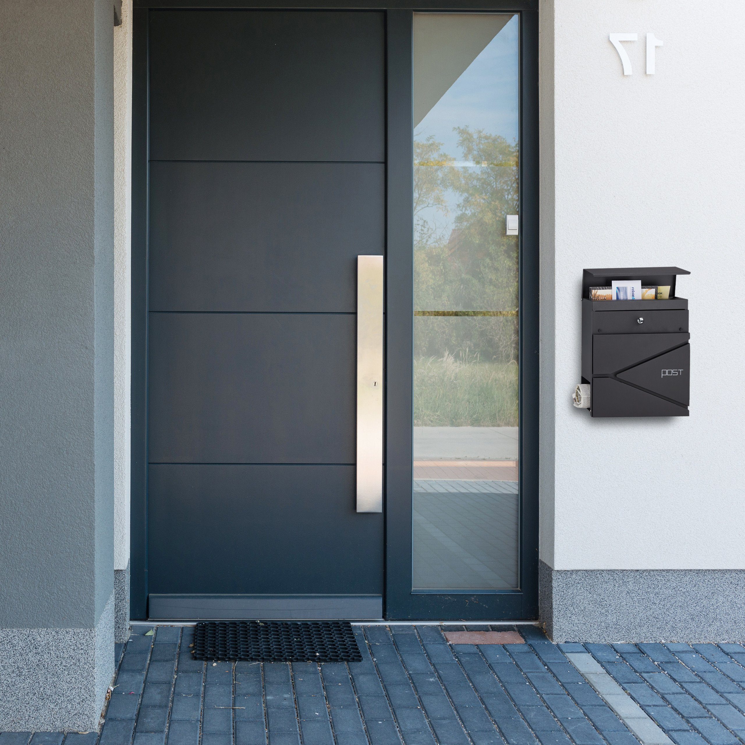 relaxdays Briefkasten Schwarzer Briefkasten mit Zeitungsfach