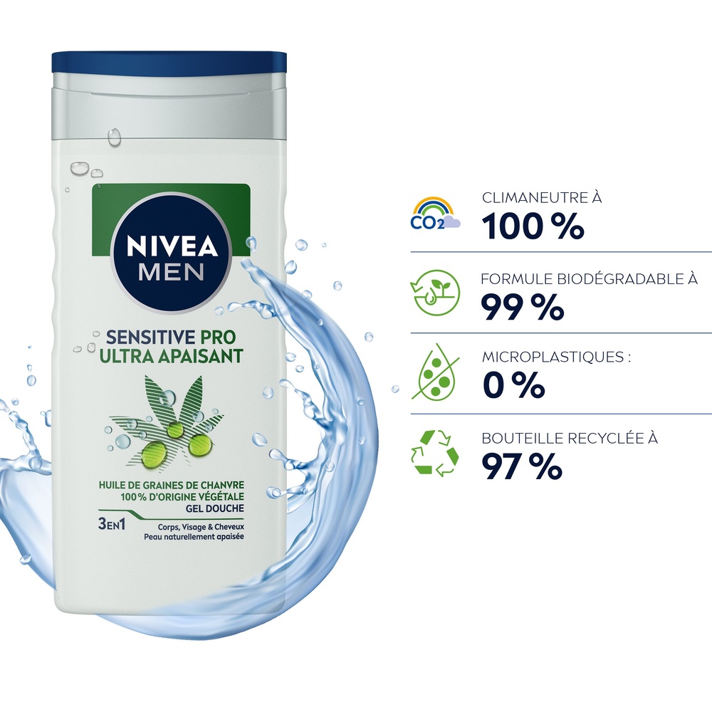 nivea SENSITIVE PRO - Gel douche homme 3 en 1Chanvre 250ml Shampoing gel douche homme