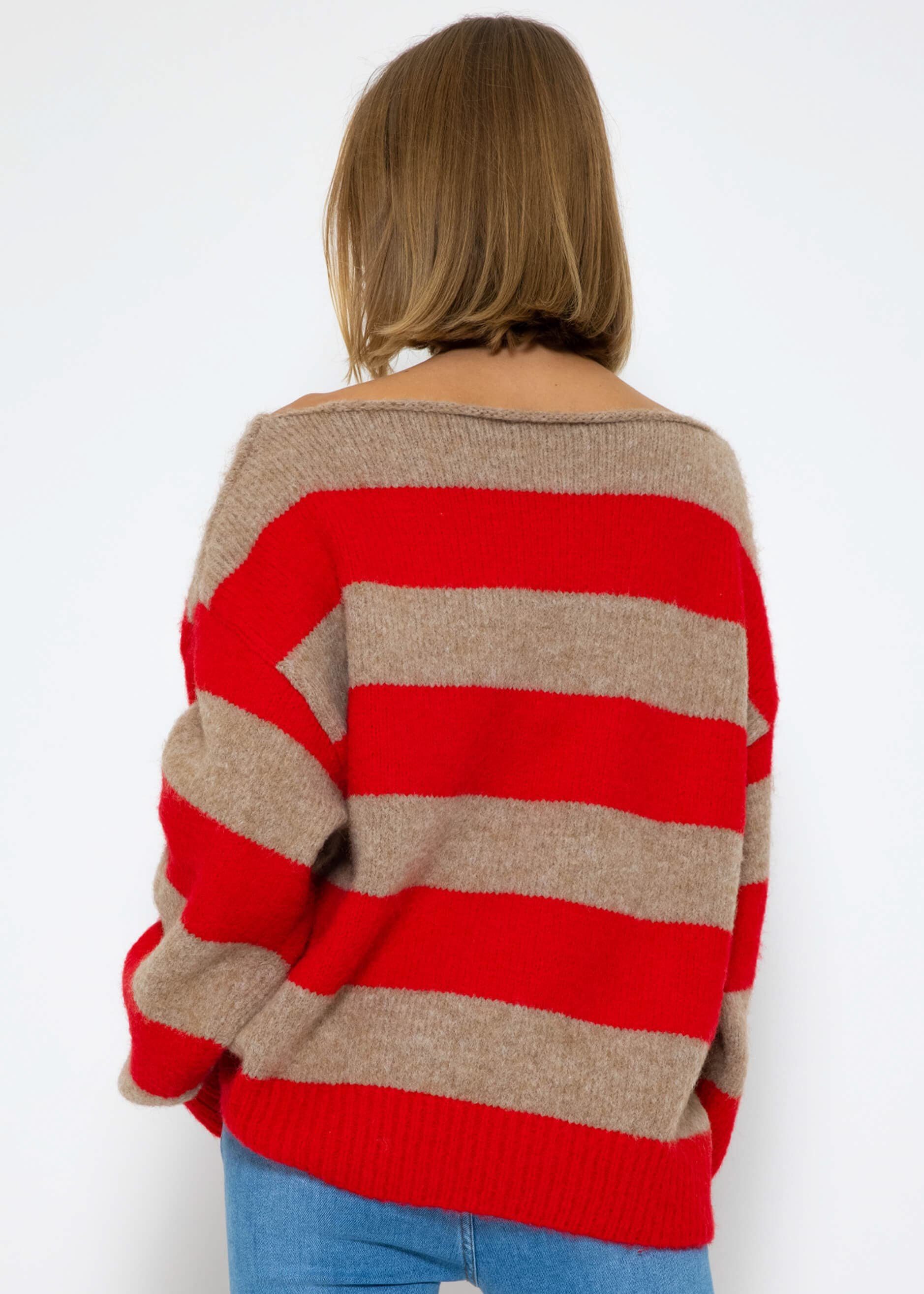 SASSYCLASSY Strickpullover Oversize Pullover Damen aus weichem Feinstrick Lässiger Strickpullover lang mit weitem Rundhalsausschnitt
