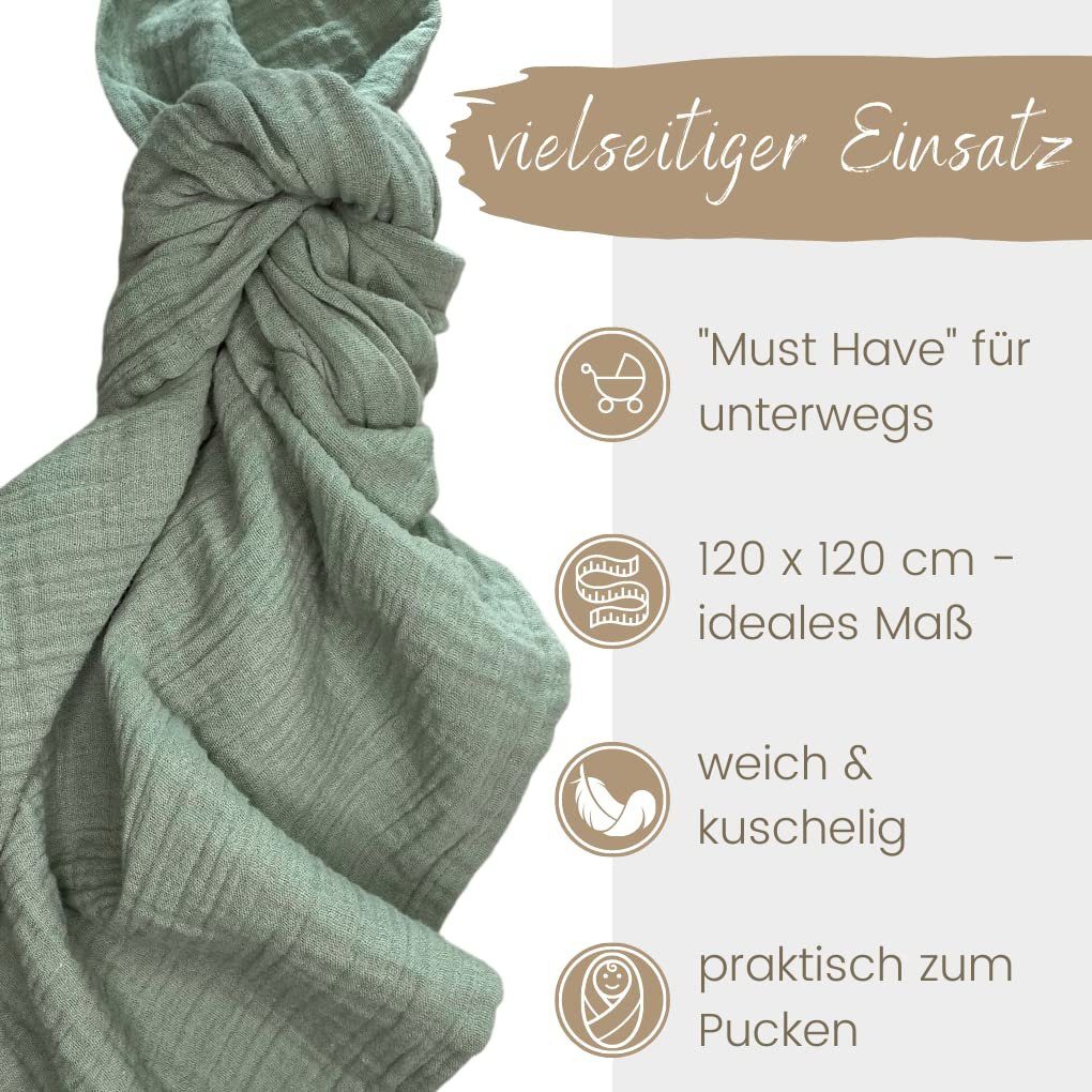 Babydecke Baby Mulltuch, 120x120cm, 100% Bio-Baumwolle Spucktuch, Musselin, DIKOS, PREMIUM Qualität, 120x120 cm, atmungsaktiv, nachhaltig, kuschelweich