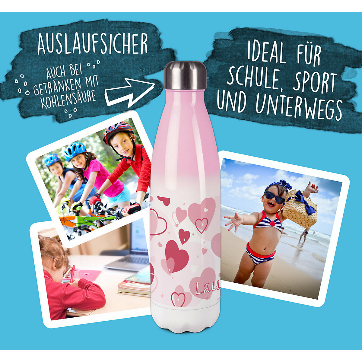 Edelstahl Kinder Thermoflasche / Trinkflasche bunt Herz Farbe rosa Spülmaschinenfest, Auslaufsicher, Bruchfest, Doppelwandig, Für Heißgetränke geeignet, Mit Deckel, Isoliert