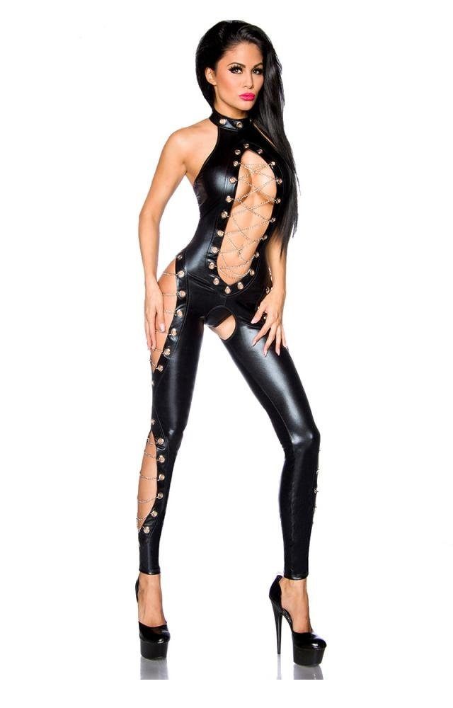 Saresia Catsuit Catsuit schwarz mit Metallkettchen Latexlook (1-tlg)