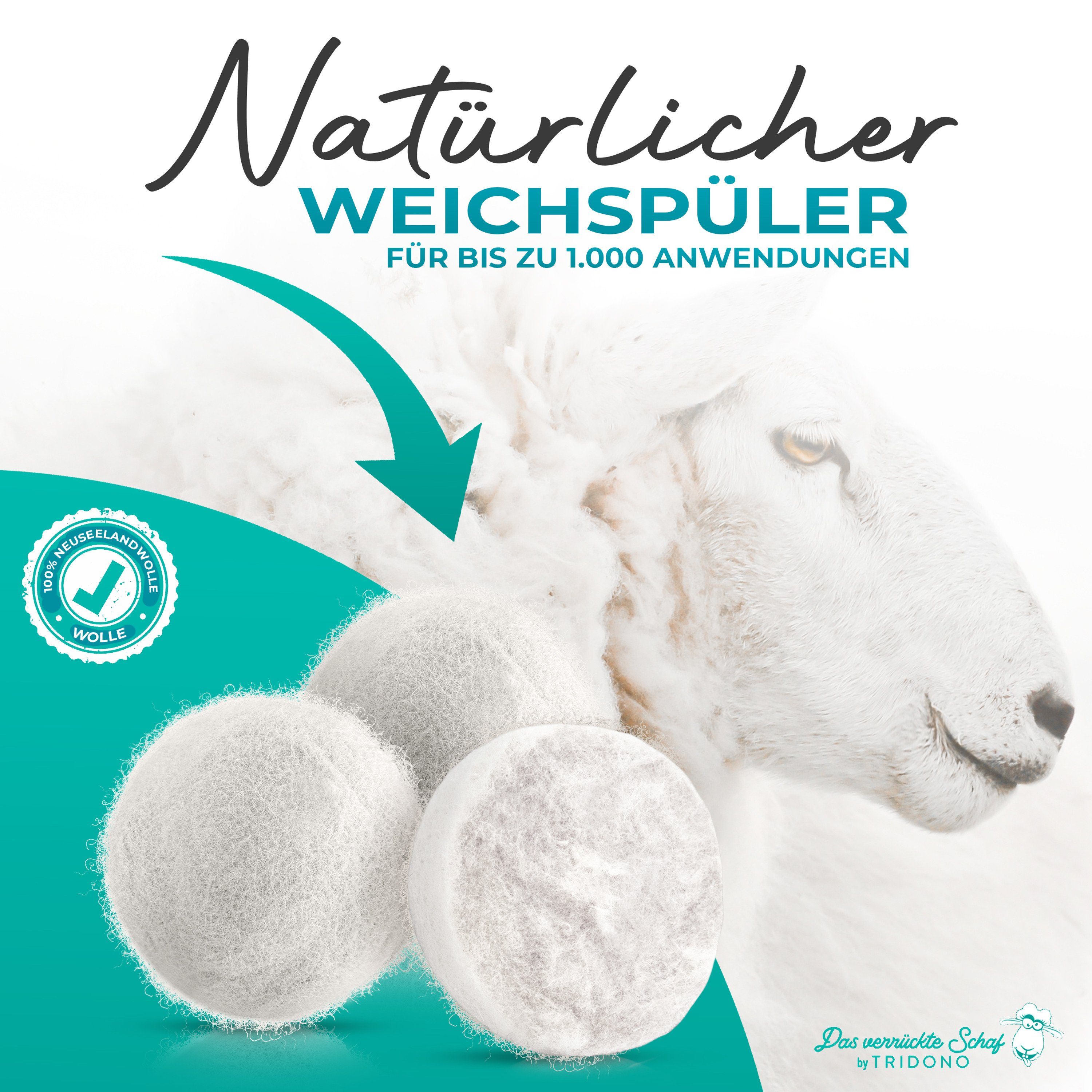 Tridono Trocknerball Das Verrückte Schaf Trocknerbälle Nachhaltige Dryer Balls für Wäschetrockner 6er Set weiße Filzbälle aus 100% Schafwolle mit Aufbewahrungsbox Natürlicher Weichspüler-Ersatz.