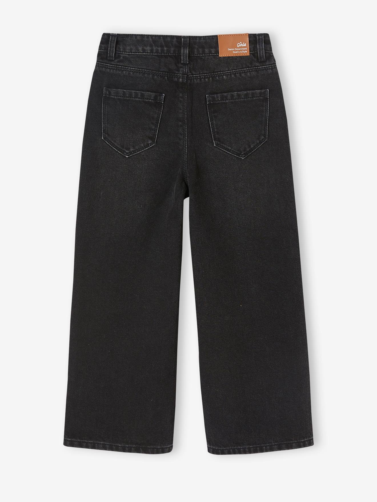 Jean large brodé fleurs fille noir imprimé