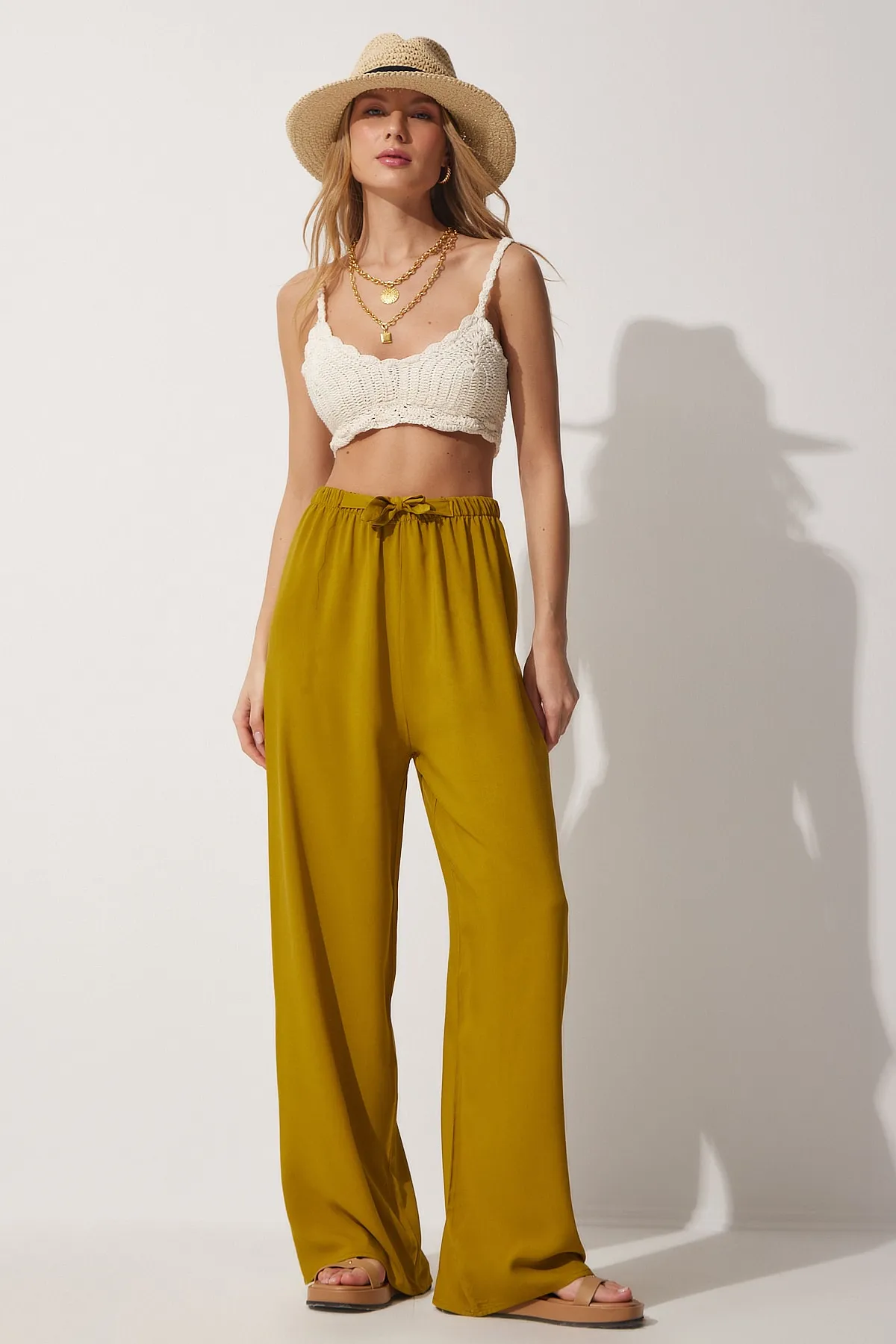 Happiness İstanbul  Ölgrüne Palazzo-Viskosehose für Damen BH00322