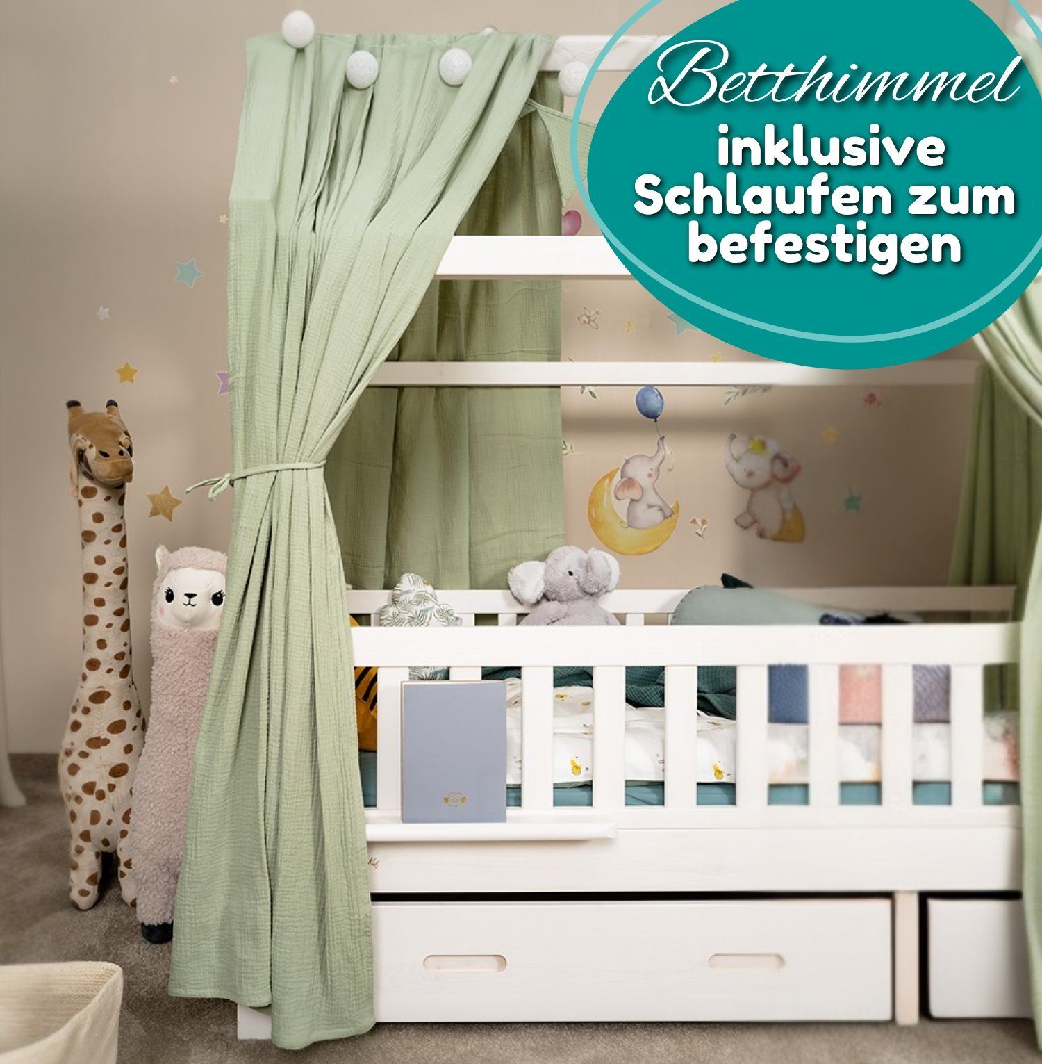 Alavya Home® Betthimmel Der Luxus DEKO SET für HAUSBETT 80x160 I 90x200 I Befristetes Angebot (KOMPLETT SET I 2 Stück Betthimmel I 1 Stück Wimpelkette 300cm cm lang mit 9 Stück Wimpeln, 3-tlg), Dekoset aus 100% Bio-Musselin Baumwolle GOTS zertifizier
