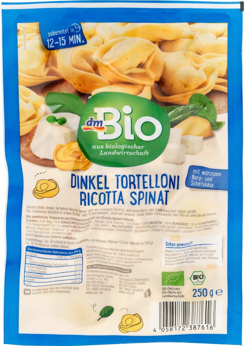 Nudeln, Tortelloni aus Dinkel mit Ricotta & Spinat gefüllt, 250 g