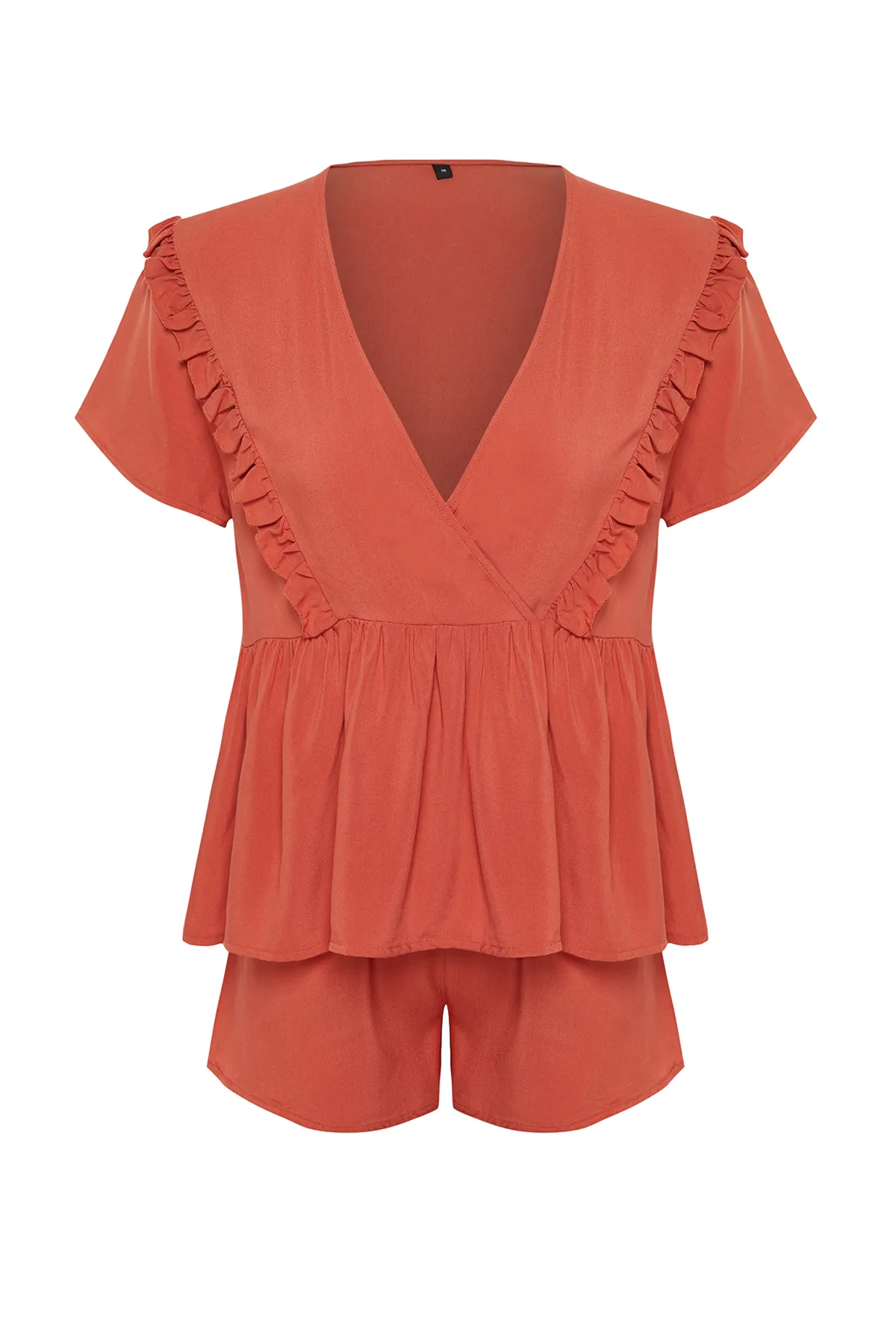Trendyol Collection  Pyjama-Set aus gewebter Viskose mit Zimtrüschen und Details THMSS24PT00055