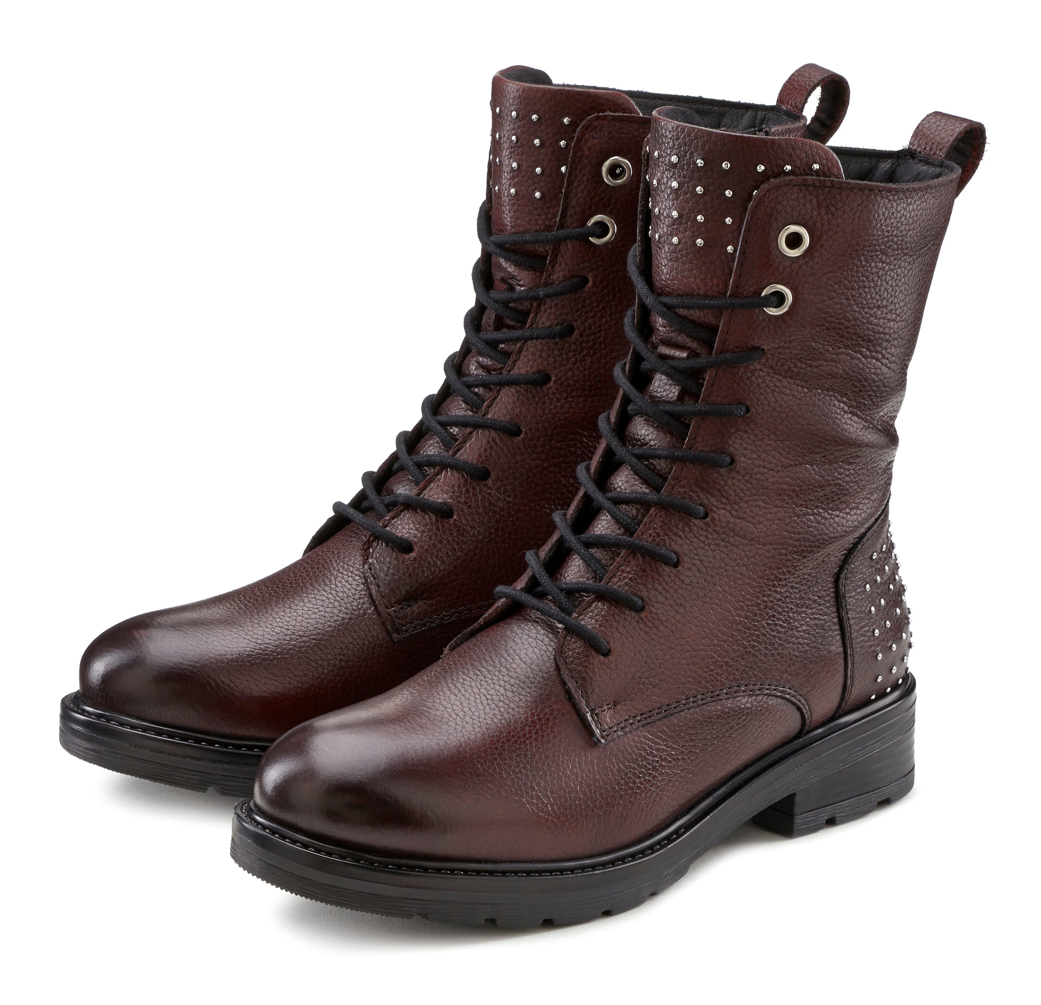 LASCANA Schnürboots Reißverschlusstiefel, Bikerboots aus Leder mit kleinen Nieten