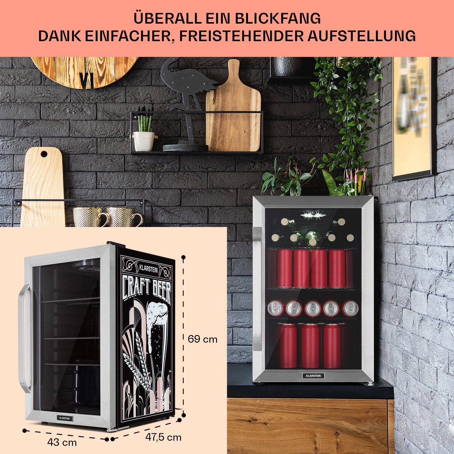 Klarstein Getränkekühlschrank HEA13-CraftBeer-SS 10041181, 67 cm hoch, 43 cm breit, Bierkühlschrank Getränkekühlschrank Flaschenkühlschrank mit Glastür