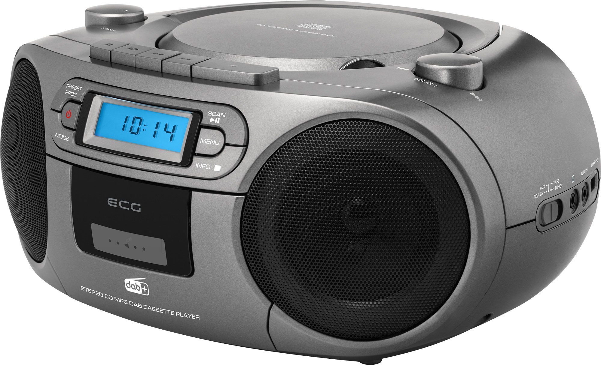 ECG CDR 999 Digitalradio (DAB) (Digitalradio (DAB), FM Digital Tuner, Kassettenplayer, CD-Player, MP3 / WMA-Musikwiedergabe vom USB-Laufwerk, 3,00 W, Abspielen von Kassetten, CDs und USB-Sticks, Digitalradio hören, Netz- und Batteriebetrieb)