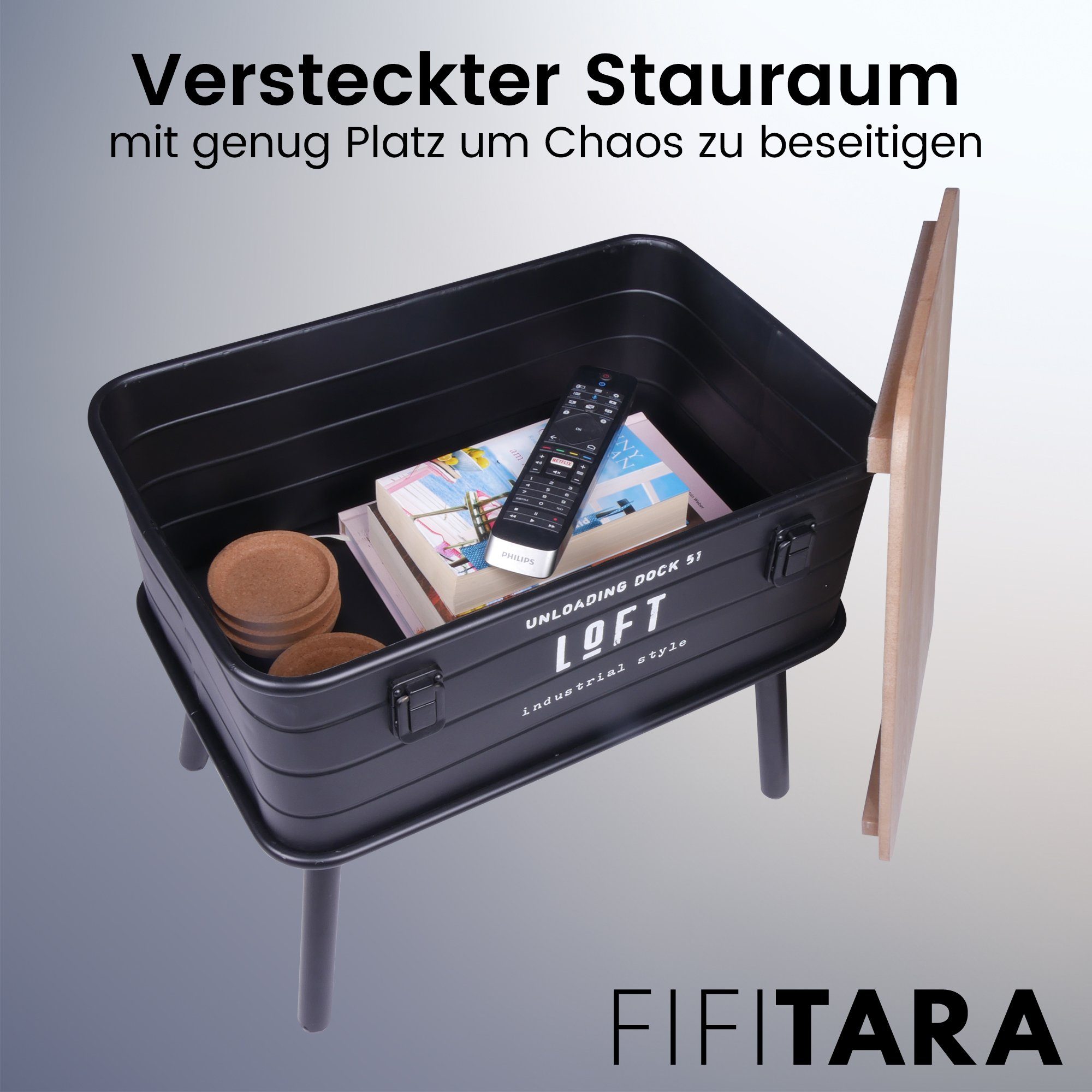 FIFITARA Beistelltisch schwarz, Retro Nachttisch, Vintage Ablagetisch, Konsolentisch, Metall mit Holzplatte und Stauraum, industrial Design