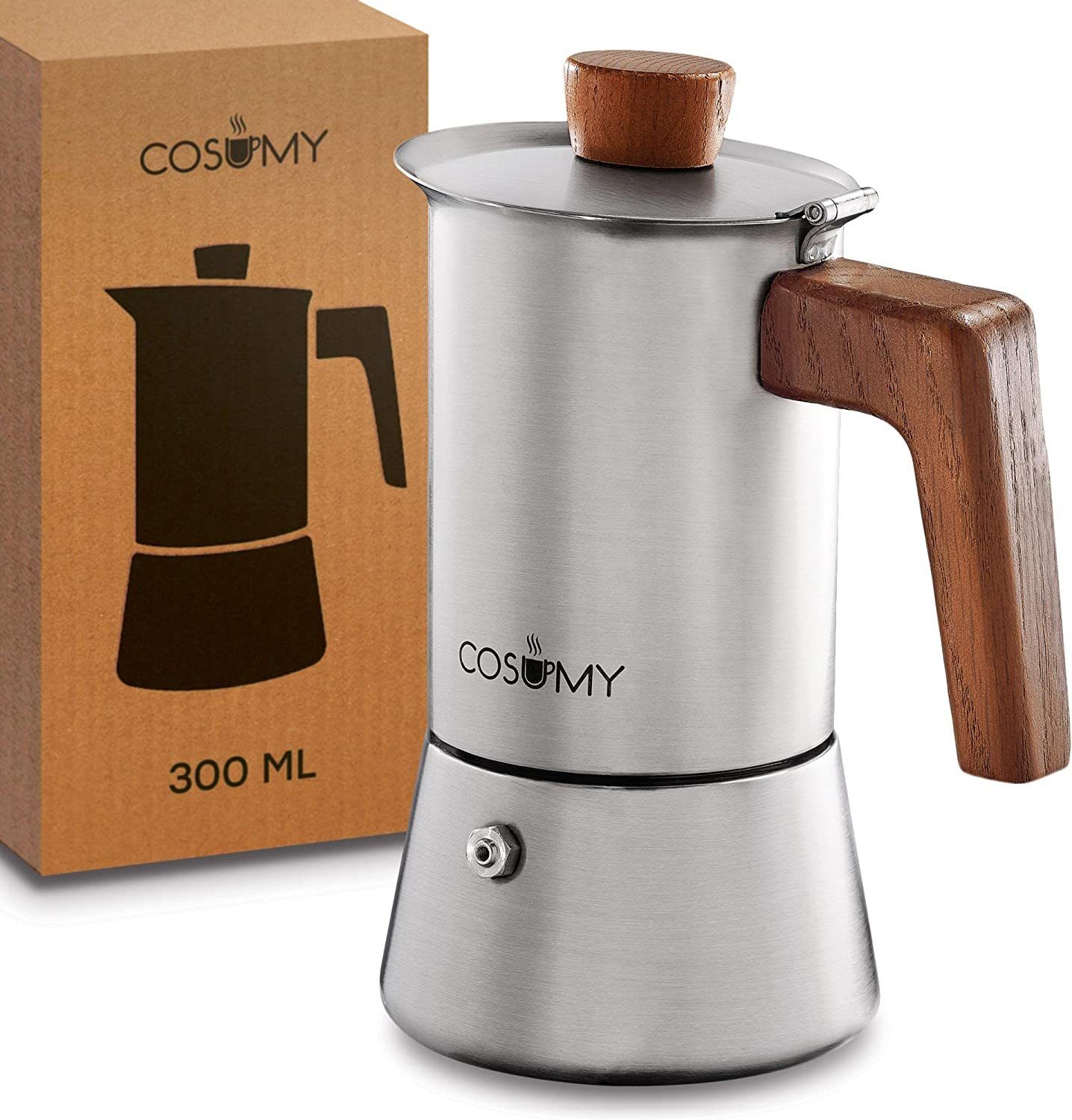 Cosumy Espressokocher Espressokocher 300ml mit Holzgriff, Induktionsgeeignet, FSC-zertifiziertes Eichenholz