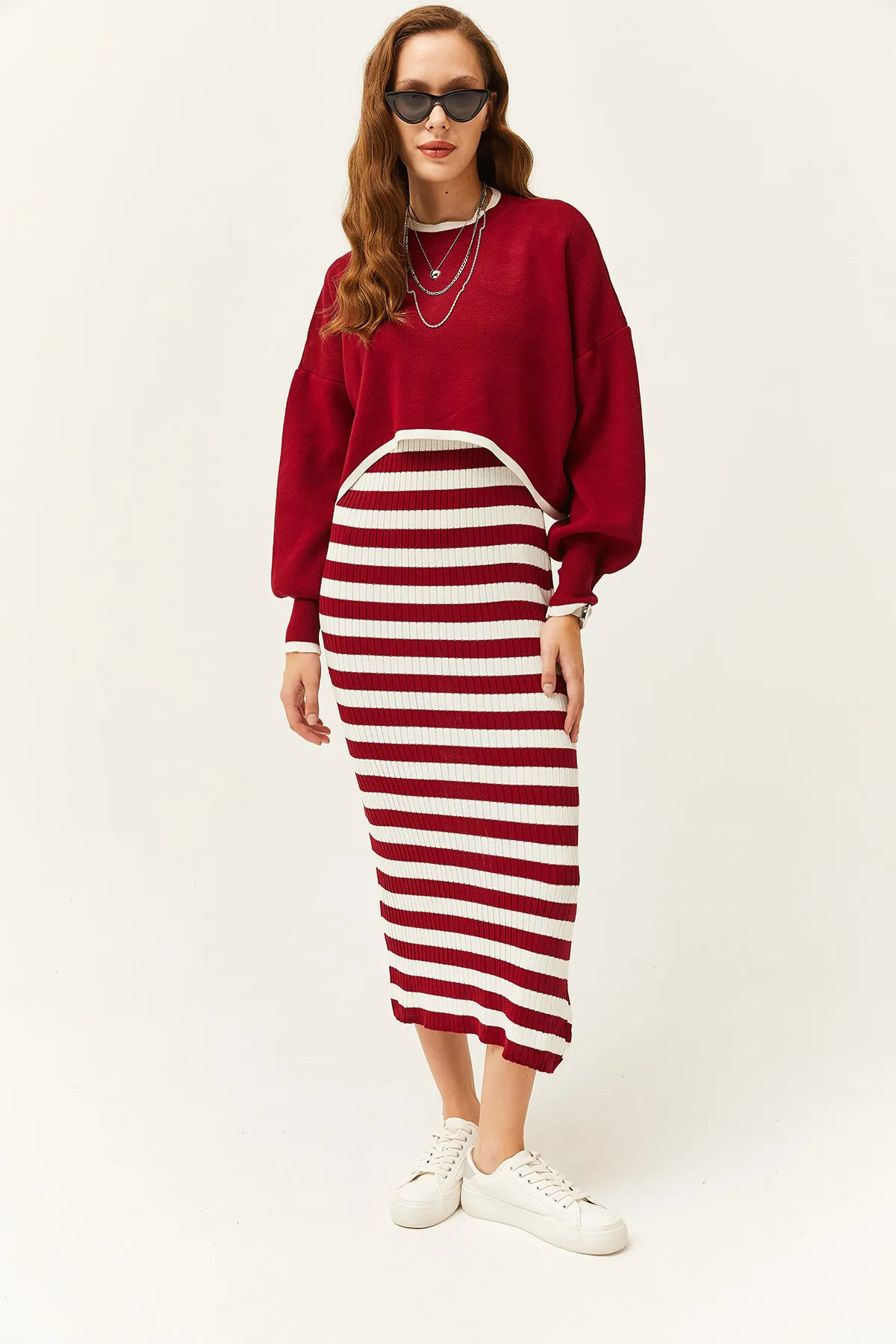 Olalook  Damen-Strickanzug mit Oberteil, Pullover und Unterkleid in Burgunderrot TKM-19000237