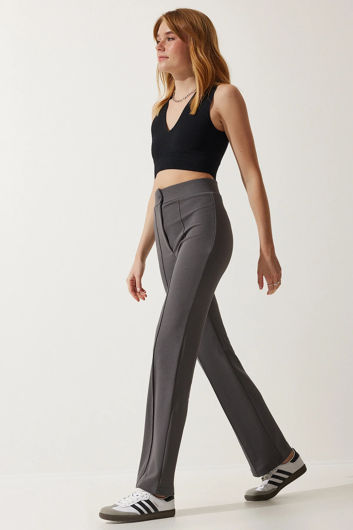 Happiness İstanbul  Bequeme Strickhose aus geräuchertem Lycra mit hoher Taille für Damen RV00090
