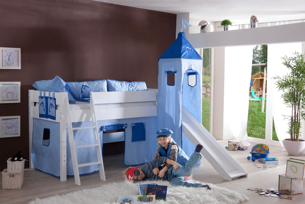 Relita Spielbett KIM 90x200 cm, mit Rutsche und Turm Buche weiß lackiert Stoffset blau/delfin