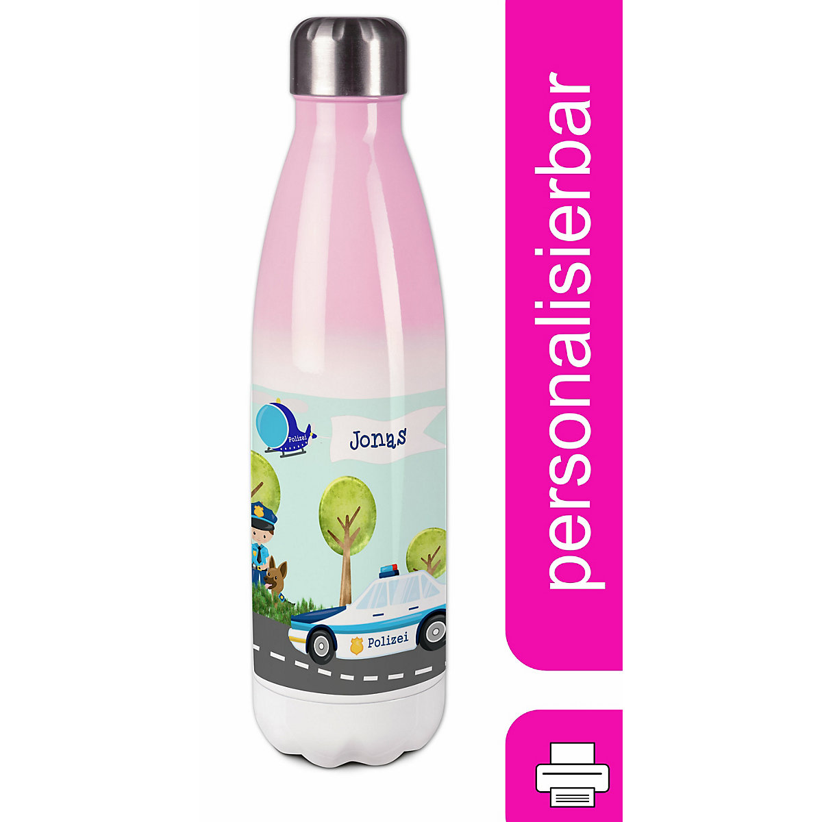 Edelstahl Kinder Thermoflasche / Trinkflasche bunt Polizei Spülmaschinenfest, Auslaufsicher, Bruchfest, Doppelwandig, Für Heißgetränke geeignet, Mit Deckel, Isoliert