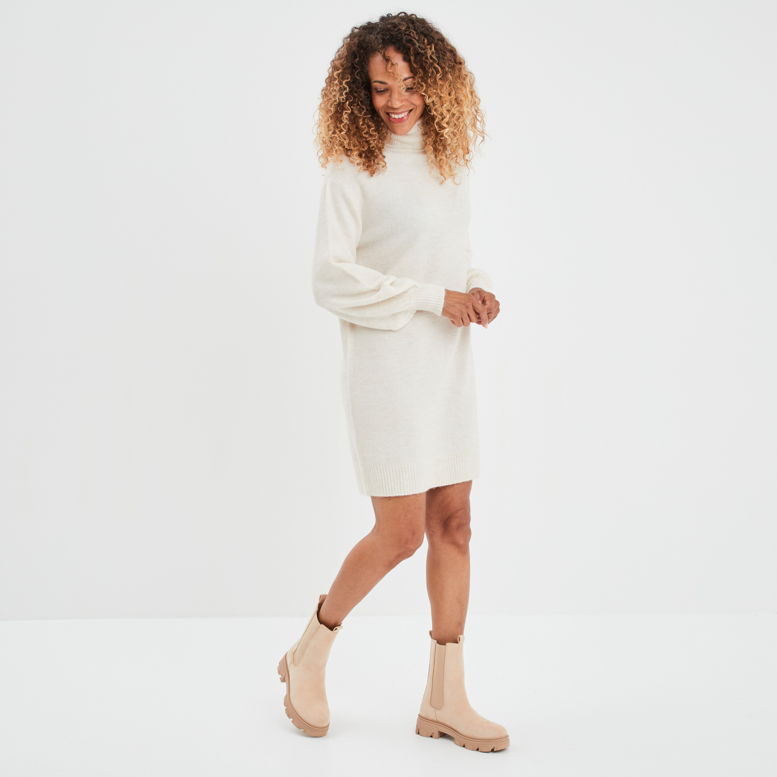 Robe pull col roulé courte droite creme femme | La Halle