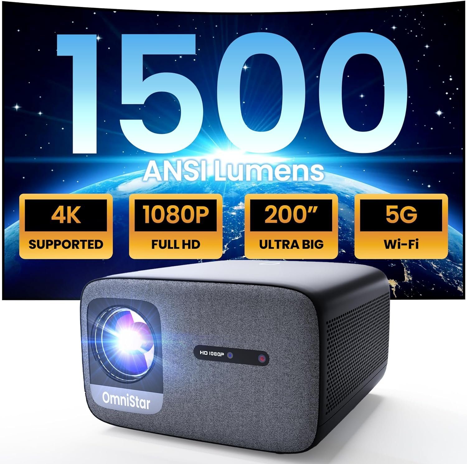 CASIRIS 1080P 4K-Unterstützt, Autofokus/Trapezkorrektur Portabler Projektor (1500 lm, 50000:1, 1920x1080 px, Maximal 200''Display automatische Keystone-Korrektur,digitales Zoomen)